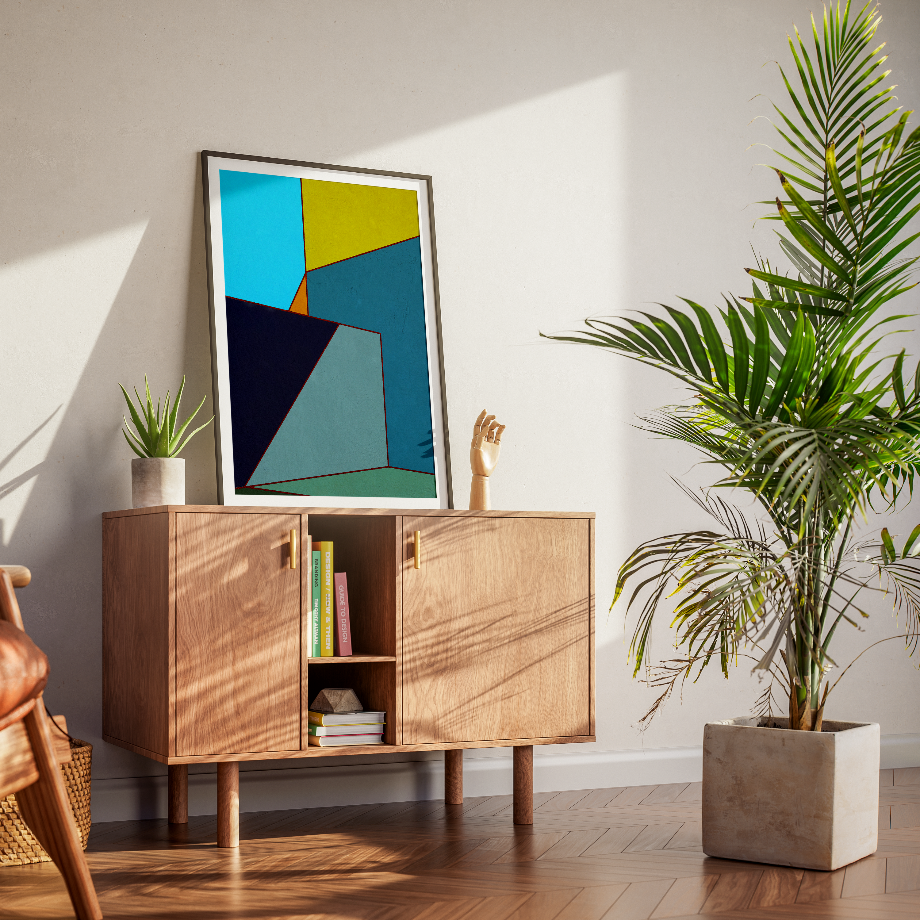 Constructed Fields 03 – abstract geometric colour-field art print displayed in a modern interior setting, styled on a dresser. Minimalist contemporary wall art for home or office decor.