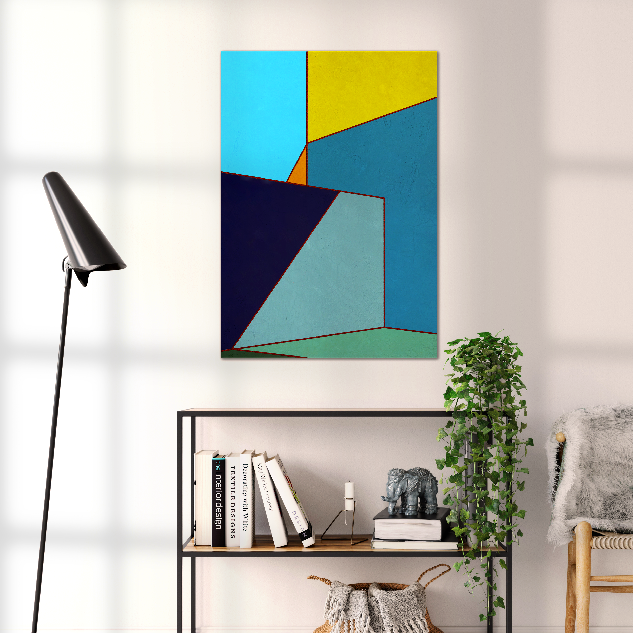 Constructed Fields 03 – geometric abstract art print shown to scale in a contemporary living space. Modern colour-field wall art available in A3, A2, or A1 sizes.