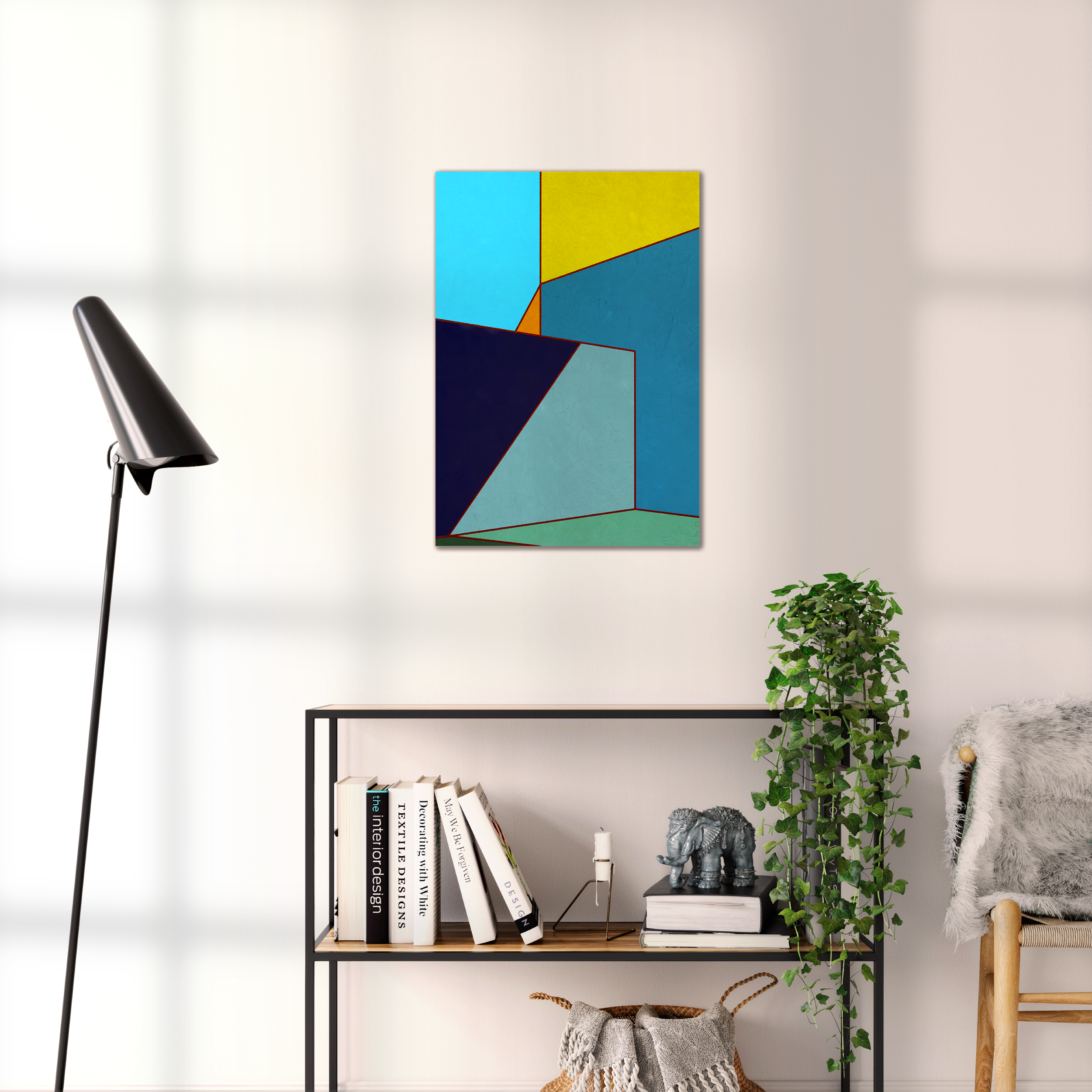 Constructed Fields 03 – geometric abstract art print shown to scale in a contemporary living space. Modern colour-field wall art available in A3, A2, or A1 sizes.
