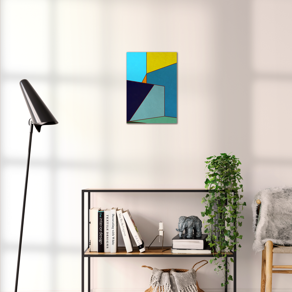 Constructed Fields 03 – geometric abstract art print shown to scale in a contemporary living space. Modern colour-field wall art available in A3, A2, or A1 sizes.