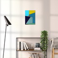 Constructed Fields 03 – geometric abstract art print shown to scale in a contemporary living space. Modern colour-field wall art available in A3, A2, or A1 sizes.