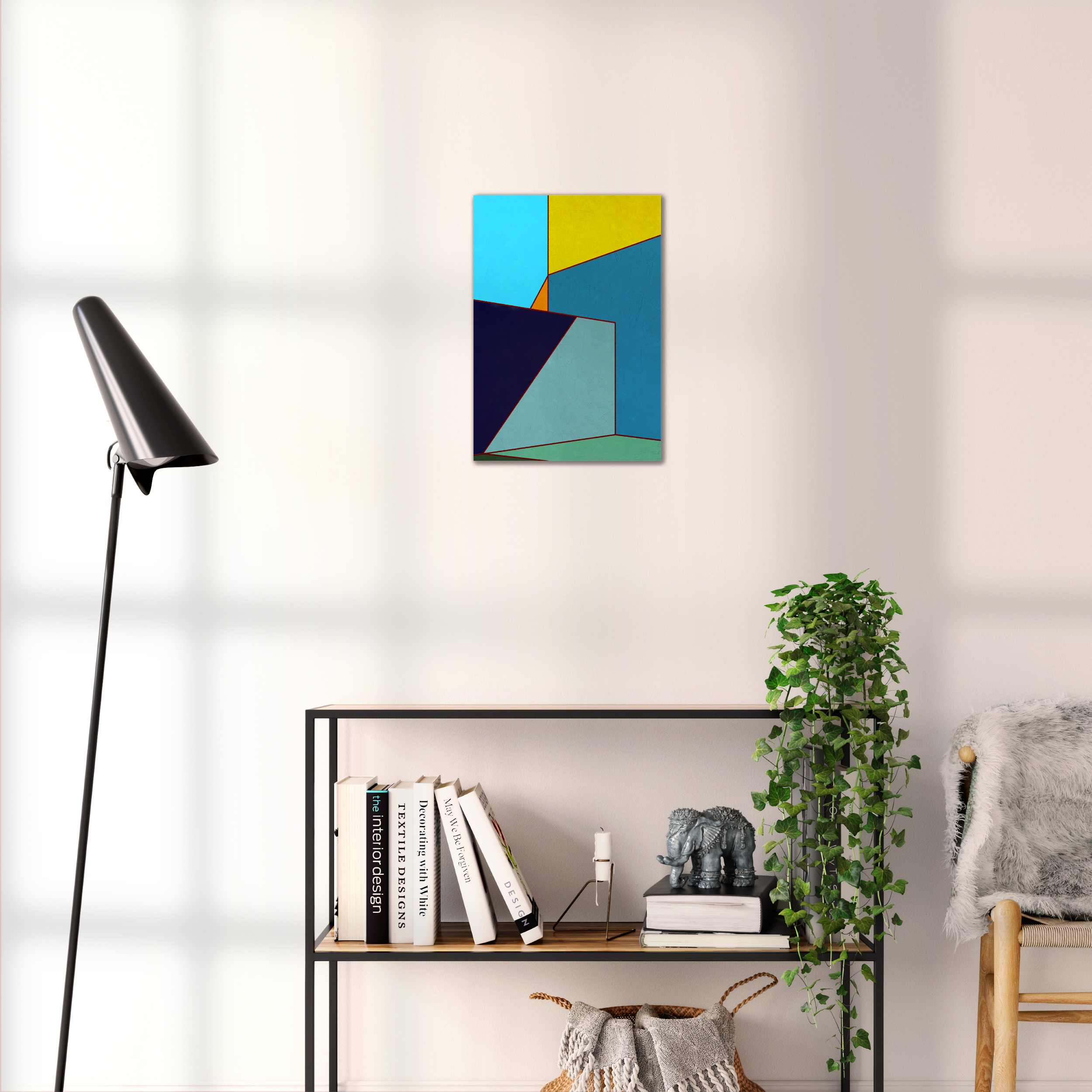 Constructed Fields 03 – geometric abstract art print shown to scale in a contemporary living space. Modern colour-field wall art available in A3, A2, or A1 sizes.
