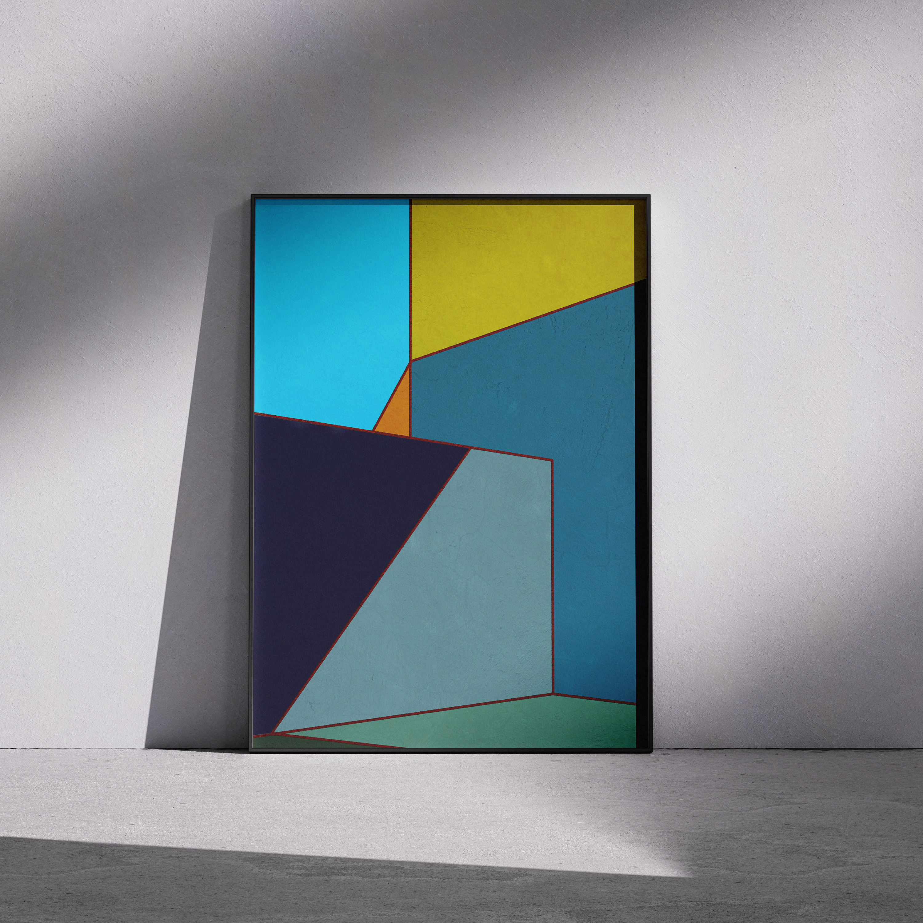 Constructed Fields 03 – framed abstract geometric art print in neutral minimalist setting. Modern colour-field wall decor printed with archival pigment inks on Hahnemühle German Etching paper.