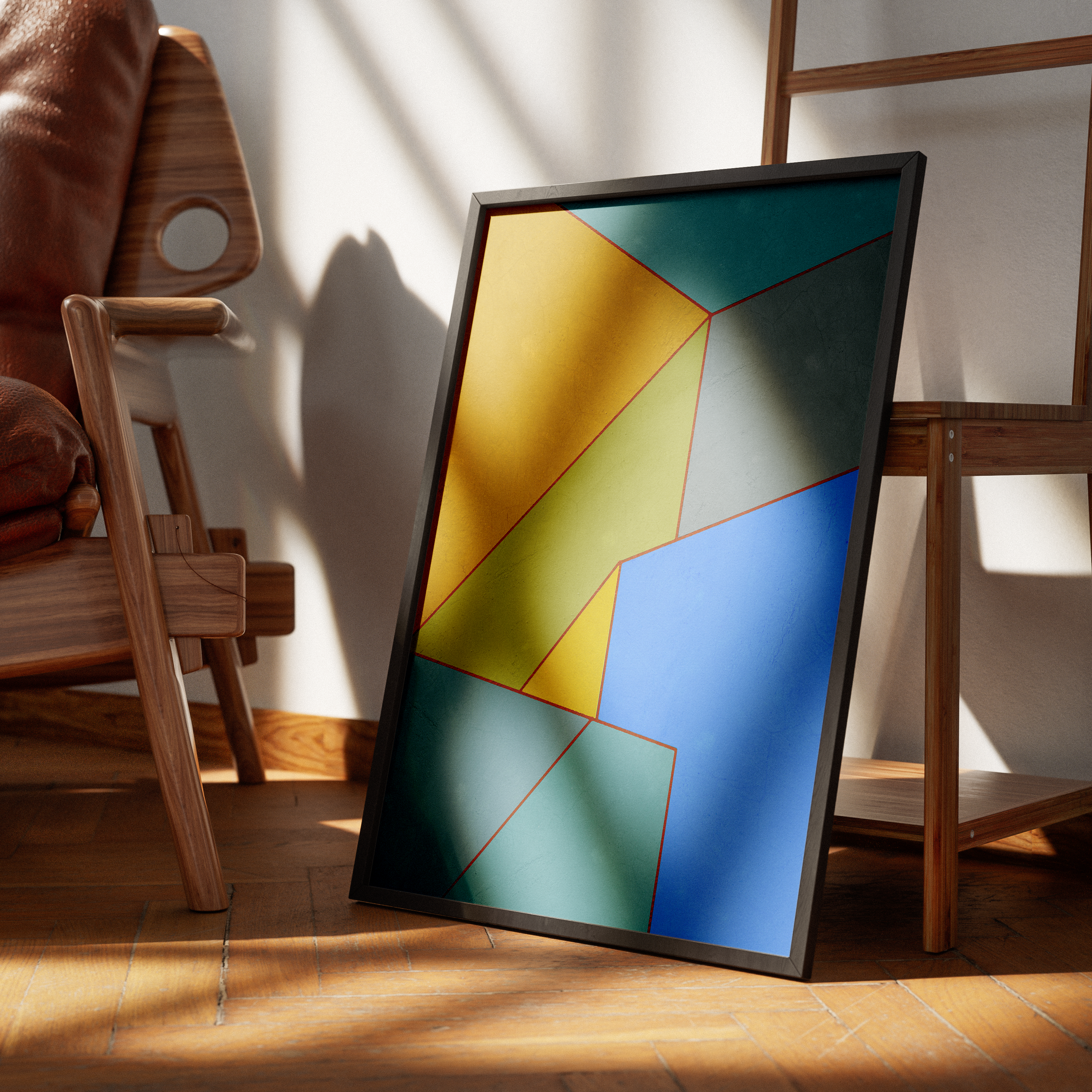 Constructed Fields 04 – abstract geometric colour-field art print displayed in a modern interior setting, styled on a floor. Minimalist contemporary wall art for home or office decor.
