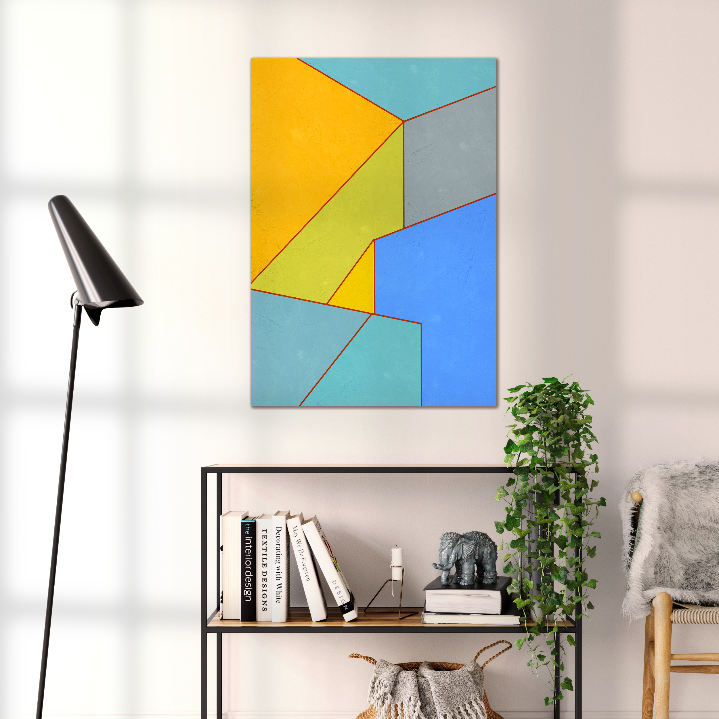 Constructed Fields 04 – geometric abstract art print shown to scale in a contemporary living space. Modern colour-field wall art available in A3, A2, or A1 sizes.