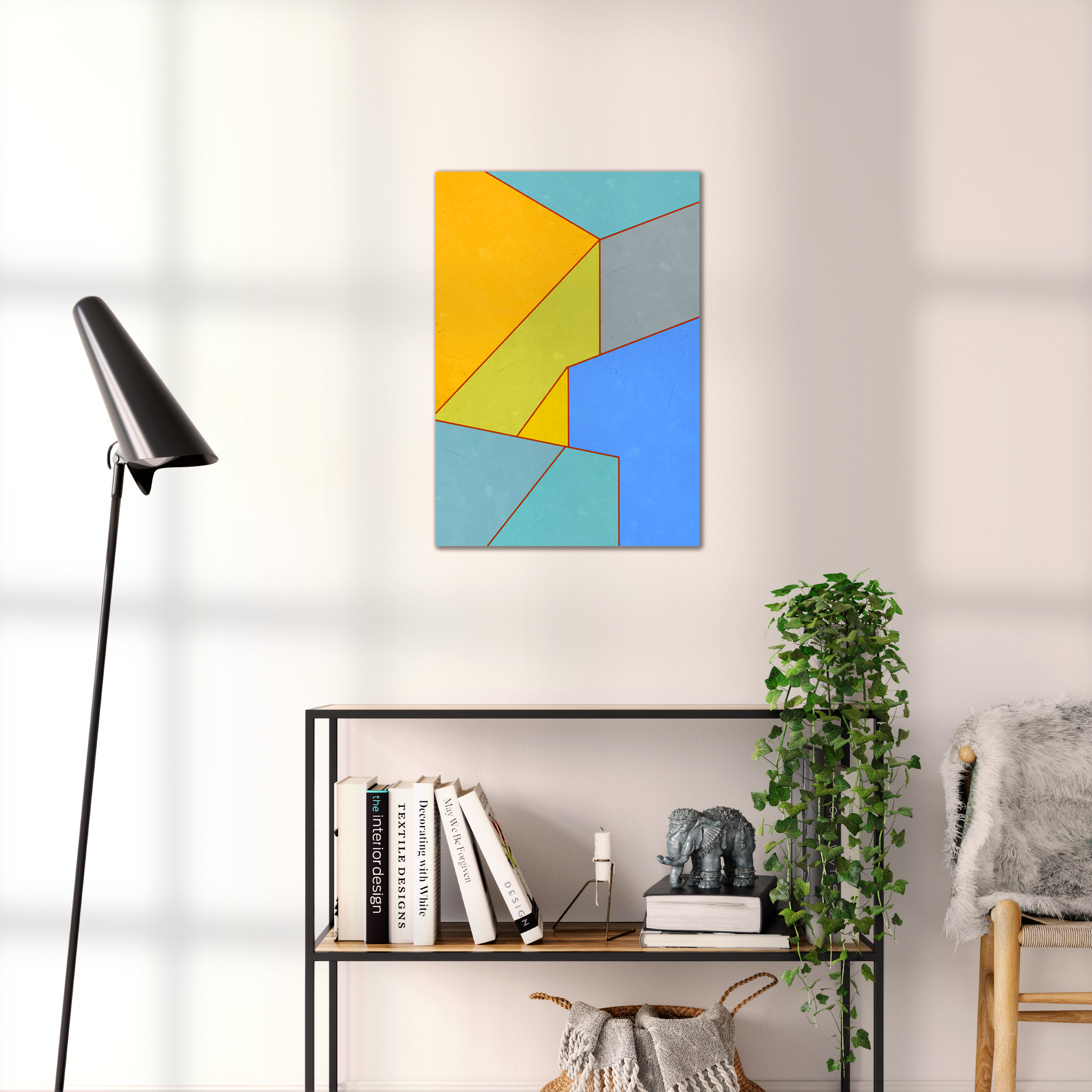 Constructed Fields 04 – geometric abstract art print shown to scale in a contemporary living space. Modern colour-field wall art available in A3, A2, or A1 sizes.