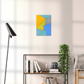 Constructed Fields 04 – geometric abstract art print shown to scale in a contemporary living space. Modern colour-field wall art available in A3, A2, or A1 sizes.