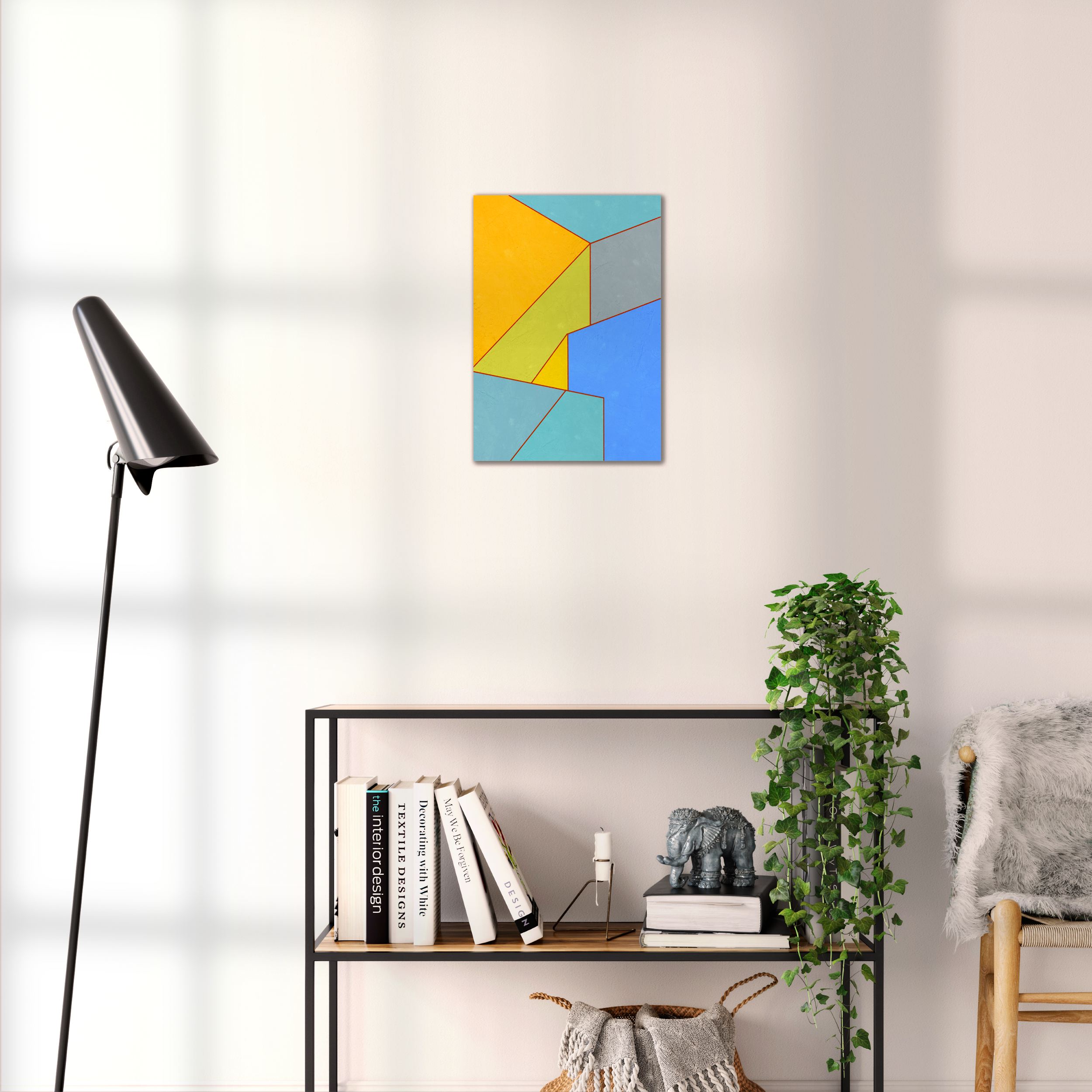 Constructed Fields 04 – geometric abstract art print shown to scale in a contemporary living space. Modern colour-field wall art available in A3, A2, or A1 sizes.