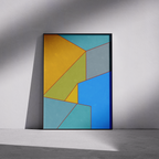 Constructed Fields 04 – framed abstract geometric art print in neutral minimalist setting. Modern colour-field wall decor printed with archival pigment inks on Hahnemühle German Etching paper.