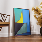 Constructed Fields 05 – abstract geometric colour-field art print displayed in a modern interior setting, styled on a floor. Minimalist contemporary wall art for home or office decor.