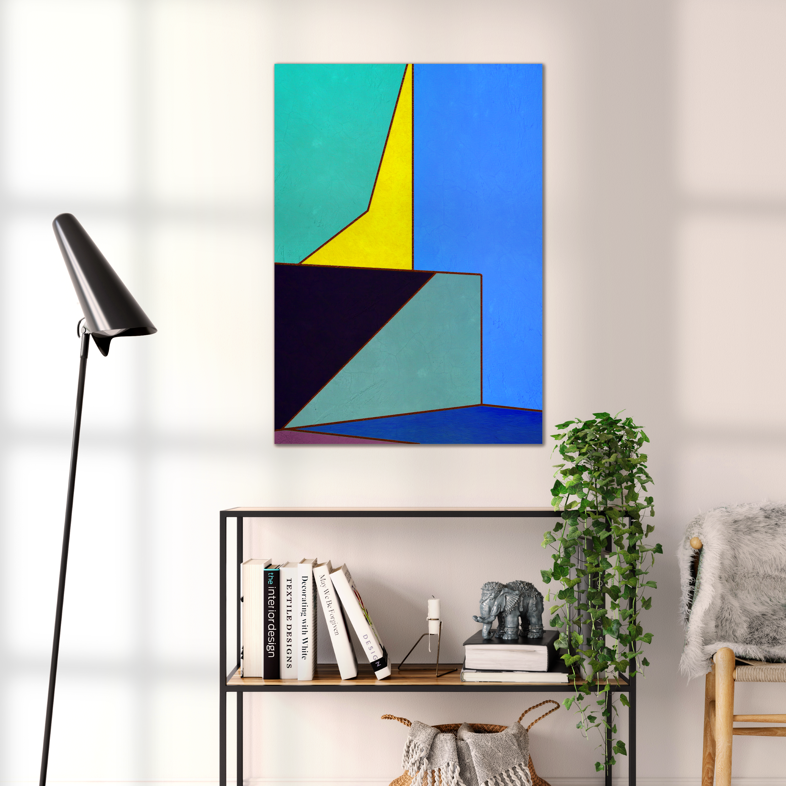 Constructed Fields 05 – geometric abstract art print shown to scale in a contemporary living space. Modern colour-field wall art available in A3, A2, or A1 sizes.