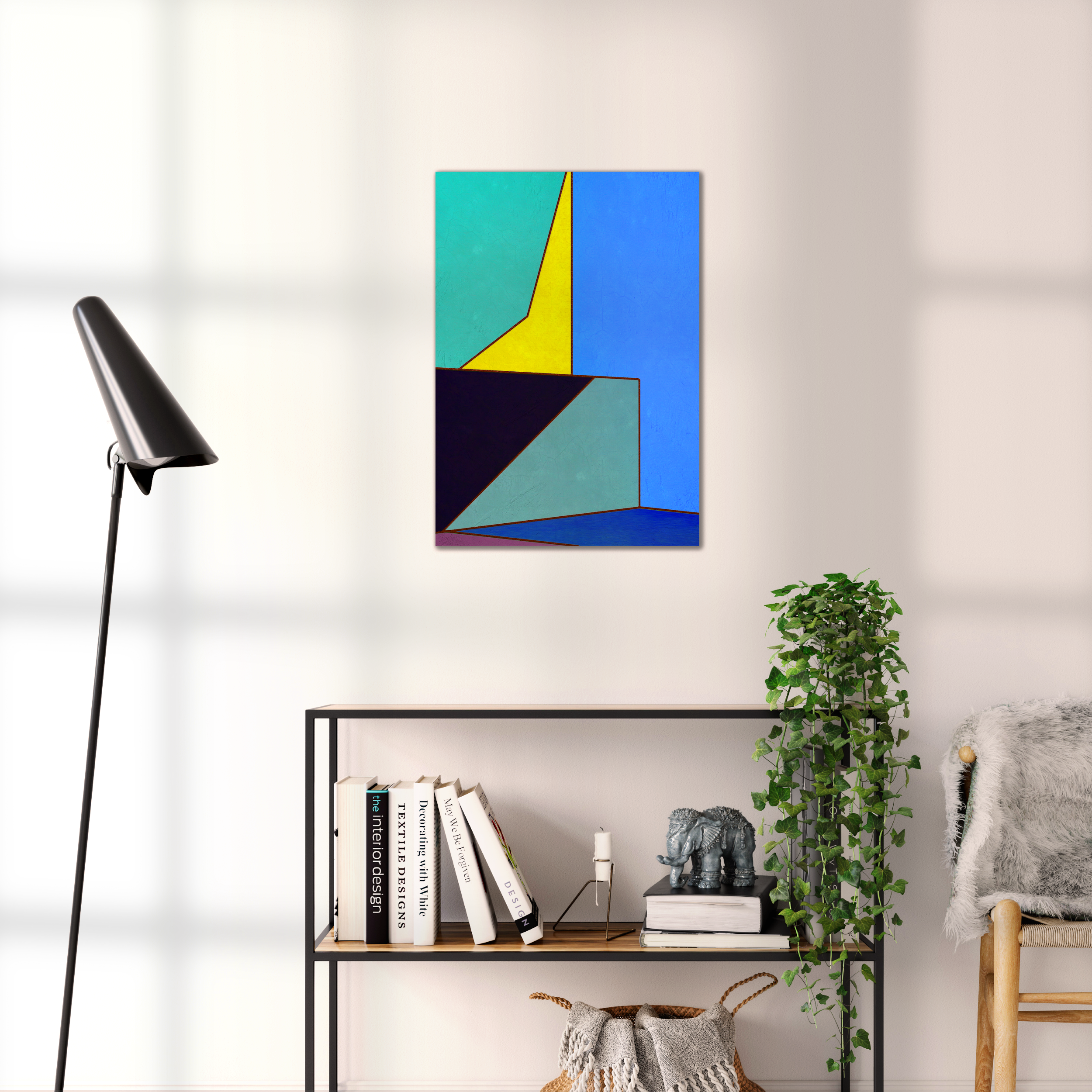 Constructed Fields 05 – geometric abstract art print shown to scale in a contemporary living space. Modern colour-field wall art available in A3, A2, or A1 sizes.
