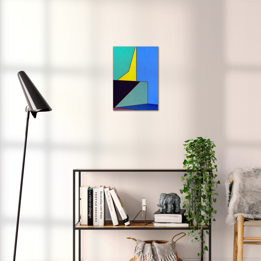 Constructed Fields 05 – geometric abstract art print shown to scale in a contemporary living space. Modern colour-field wall art available in A3, A2, or A1 sizes.