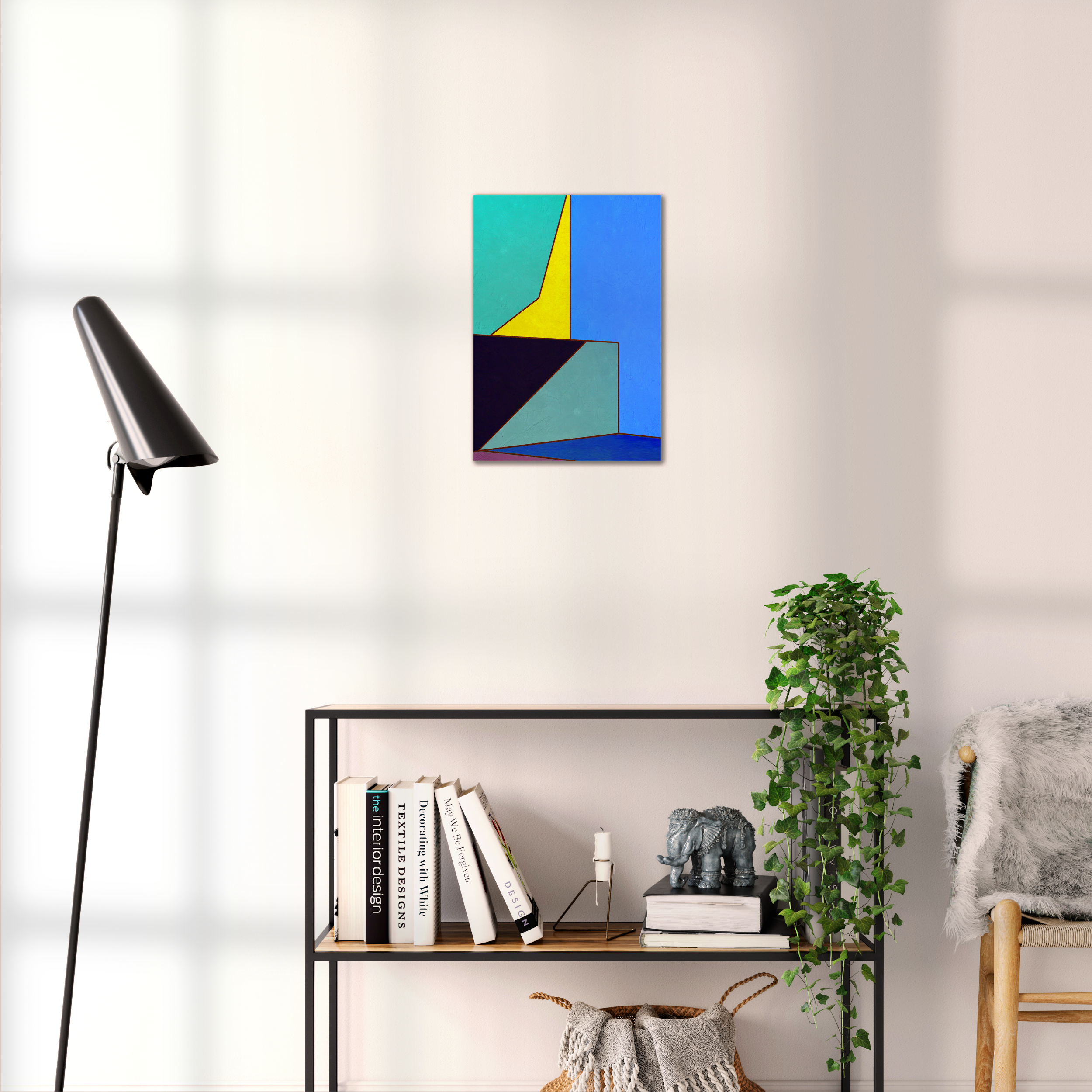 Constructed Fields 05 – geometric abstract art print shown to scale in a contemporary living space. Modern colour-field wall art available in A3, A2, or A1 sizes.