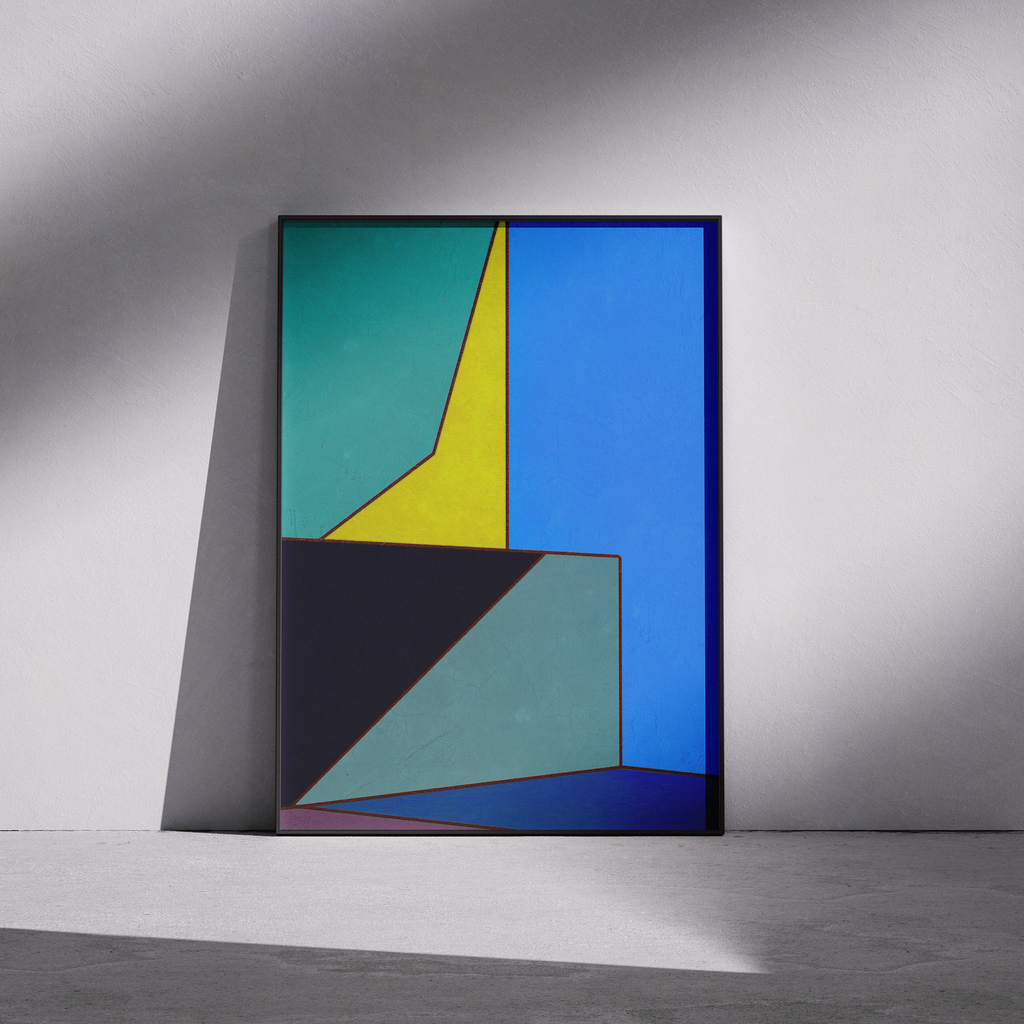 Constructed Fields 05 – framed abstract geometric art print in neutral minimalist setting. Modern colour-field wall decor printed with archival pigment inks on Hahnemühle German Etching paper.