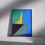 Constructed Fields 05 – framed abstract geometric art print in neutral minimalist setting. Modern colour-field wall decor printed with archival pigment inks on Hahnemühle German Etching paper.
