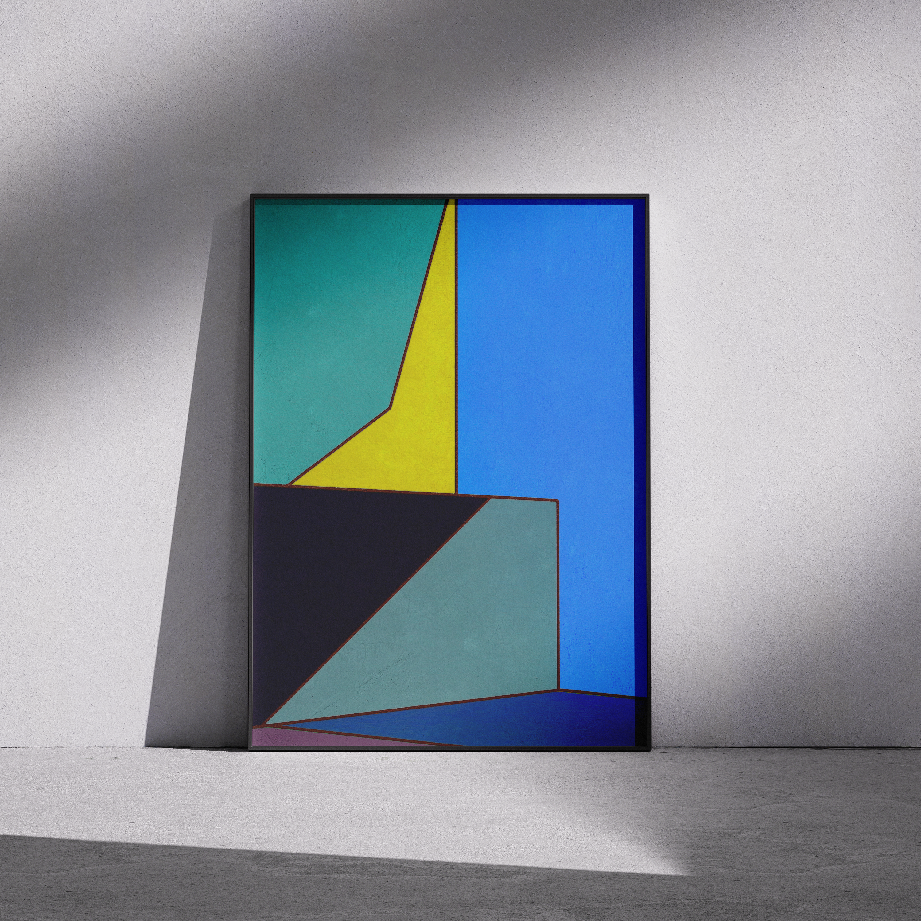 Constructed Fields 05 – framed abstract geometric art print in neutral minimalist setting. Modern colour-field wall decor printed with archival pigment inks on Hahnemühle German Etching paper.