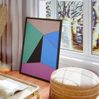 Constructed Fields 06 – abstract geometric colour-field art print displayed in a modern interior setting, styled on a floor. Minimalist contemporary wall art for home or office decor.