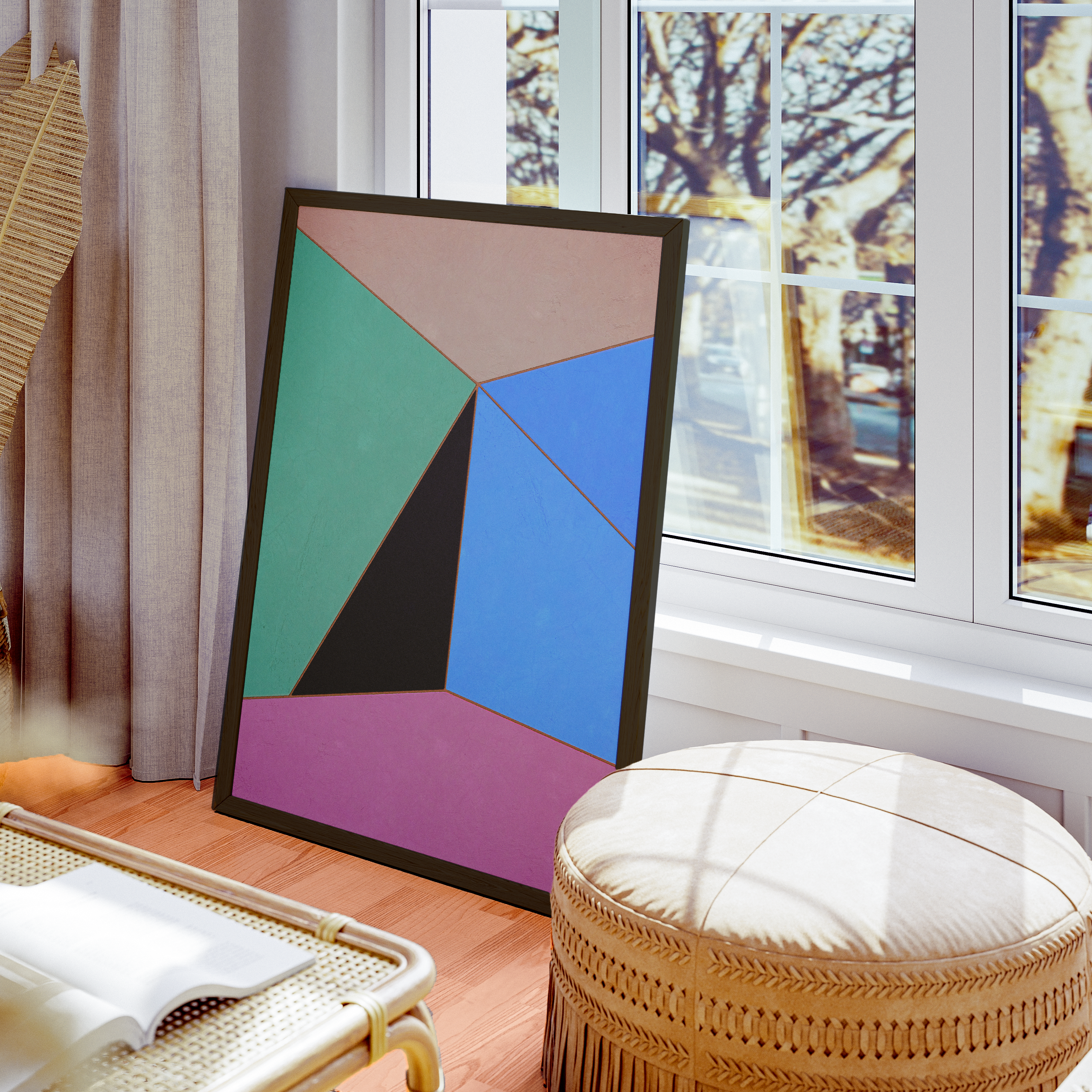 Constructed Fields 06 – abstract geometric colour-field art print displayed in a modern interior setting, styled on a floor. Minimalist contemporary wall art for home or office decor.