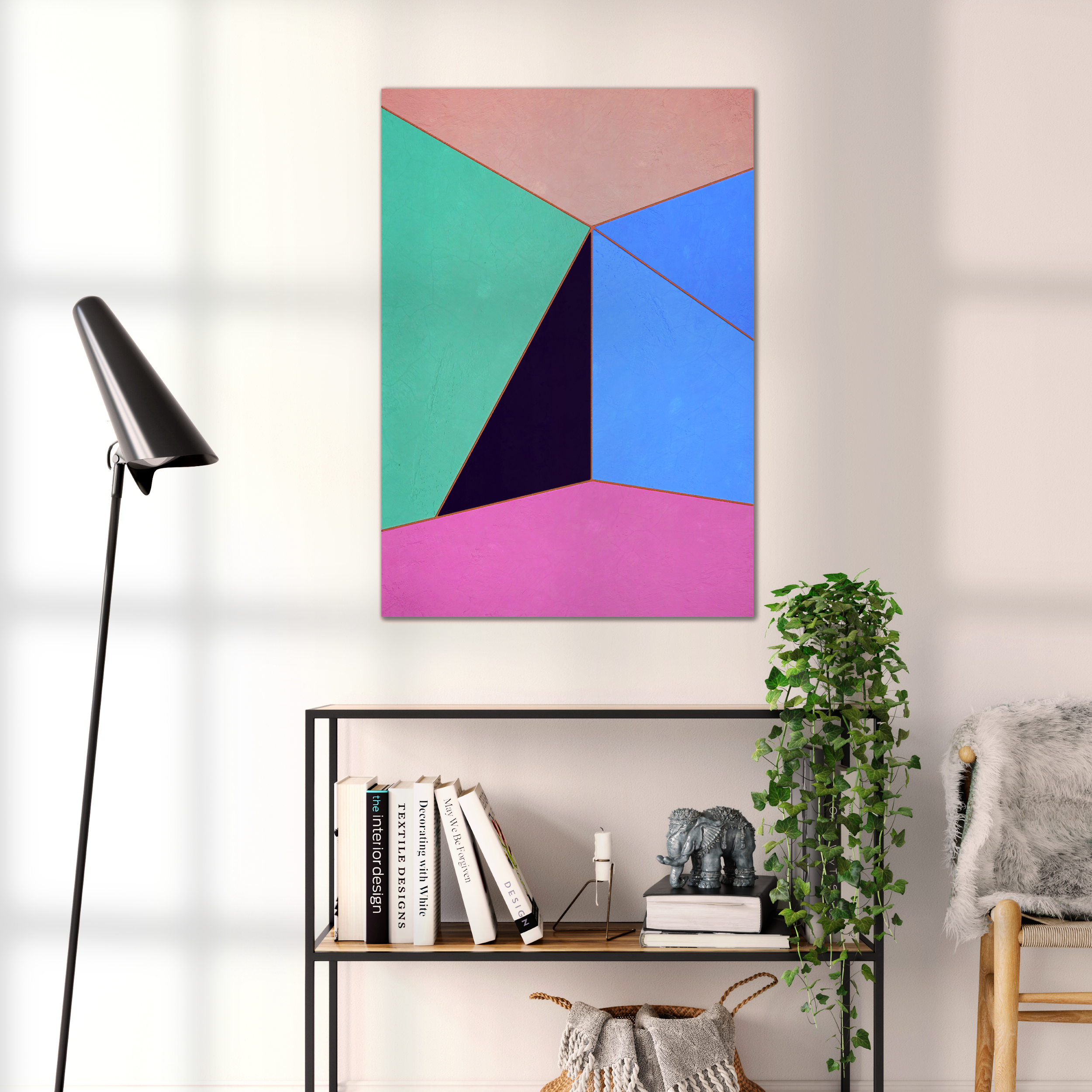 Constructed Fields 06 – geometric abstract art print shown to scale in a contemporary living space. Modern colour-field wall art available in A3, A2, or A1 sizes.