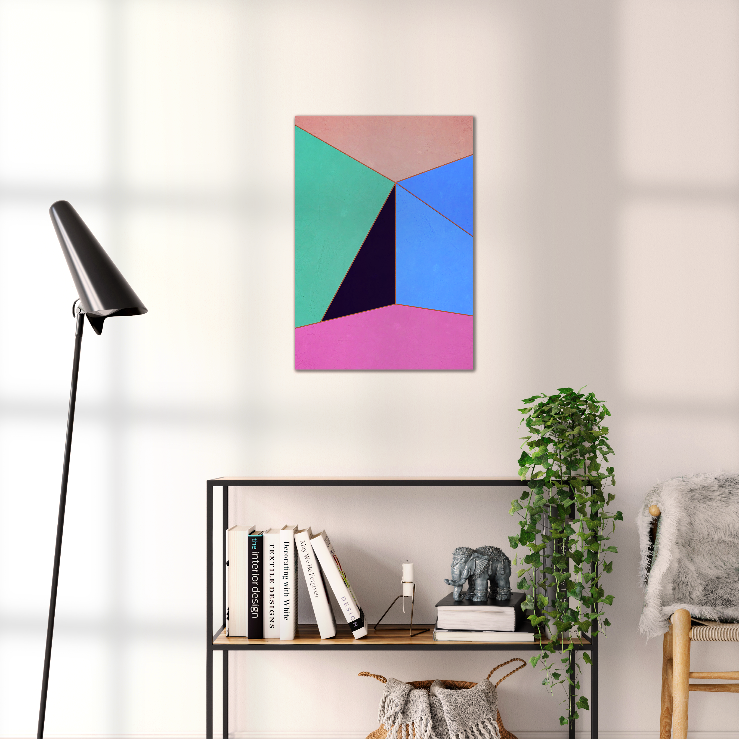 Constructed Fields 06 – geometric abstract art print shown to scale in a contemporary living space. Modern colour-field wall art available in A3, A2, or A1 sizes.