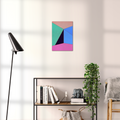 Constructed Fields 06 – geometric abstract art print shown to scale in a contemporary living space. Modern colour-field wall art available in A3, A2, or A1 sizes.