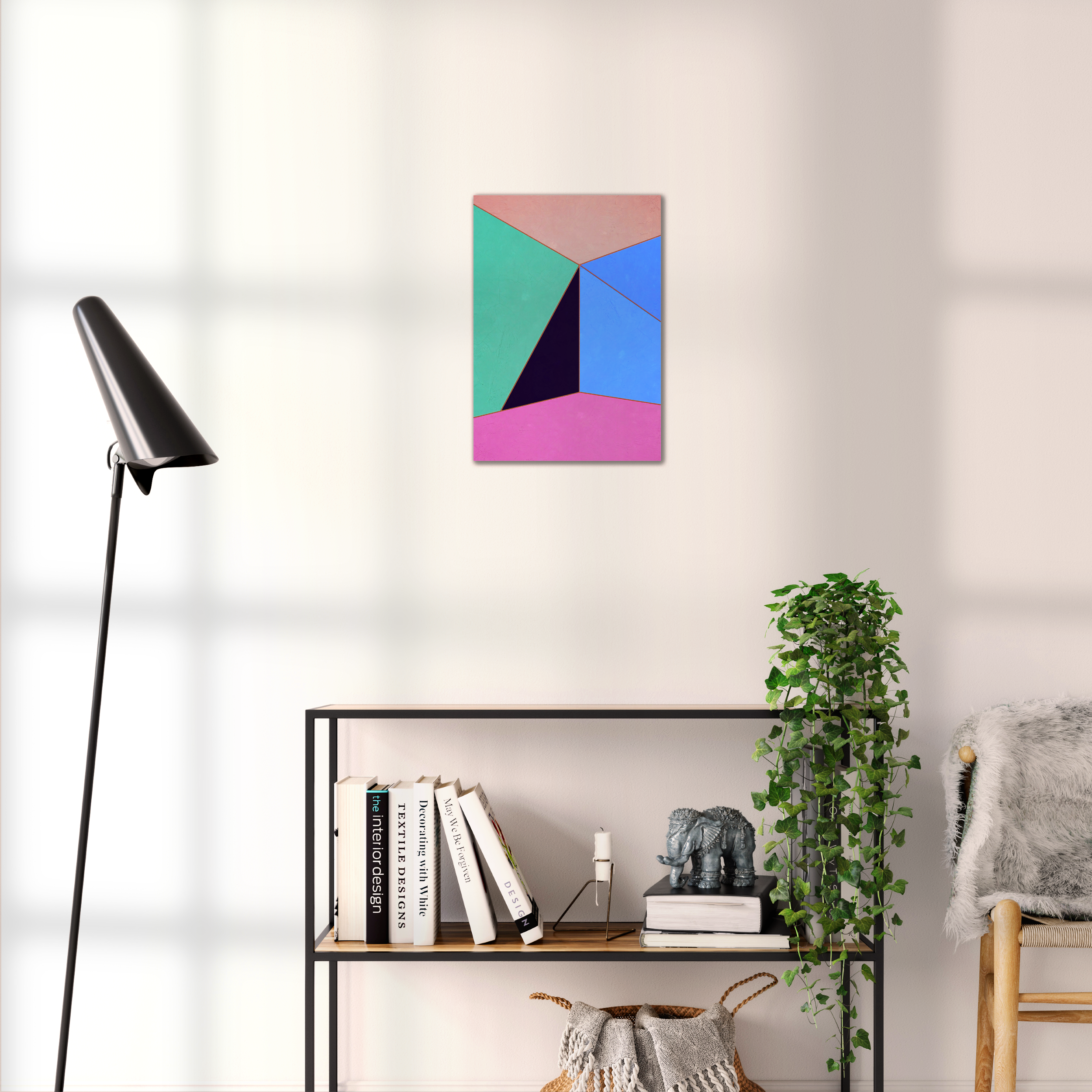 Constructed Fields 06 – geometric abstract art print shown to scale in a contemporary living space. Modern colour-field wall art available in A3, A2, or A1 sizes.
