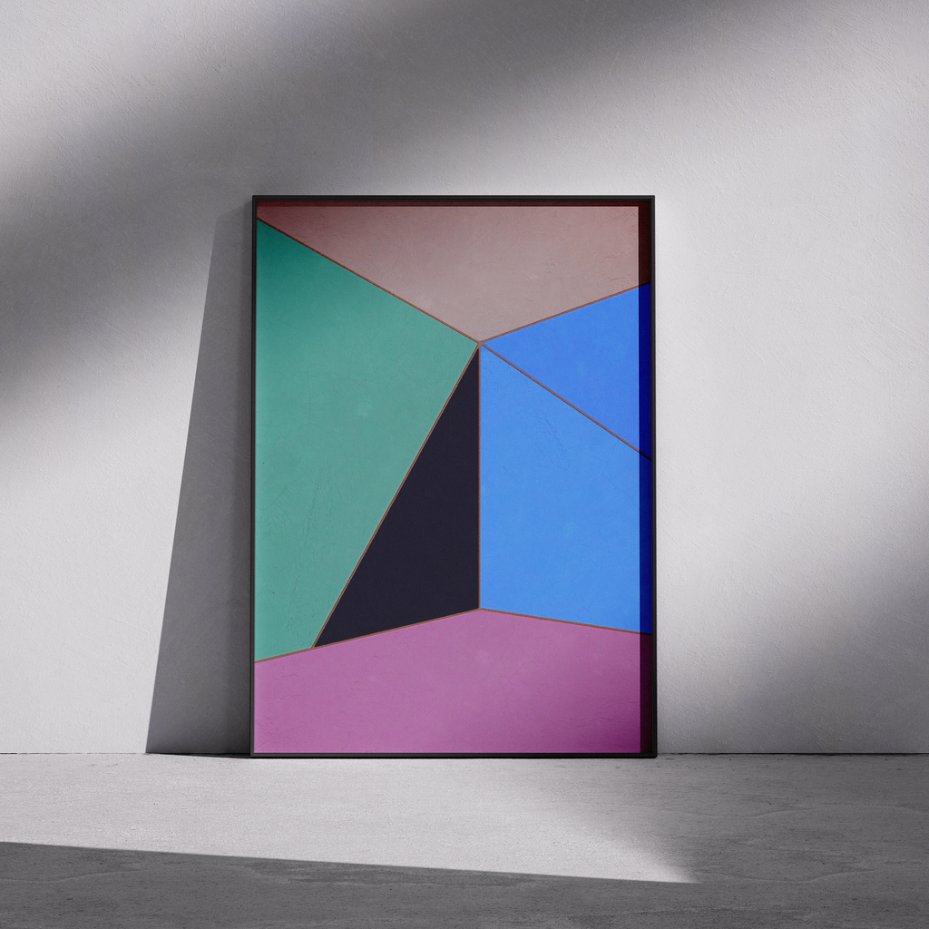 Constructed Fields 06 – framed abstract geometric art print in neutral minimalist setting. Modern colour-field wall decor printed with archival pigment inks on Hahnemühle German Etching paper.