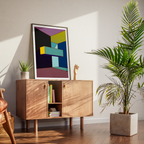 Constructed Fields 07 – abstract geometric colour-field art print displayed in a modern interior setting, styled on a dresser. Minimalist contemporary wall art for home or office decor.