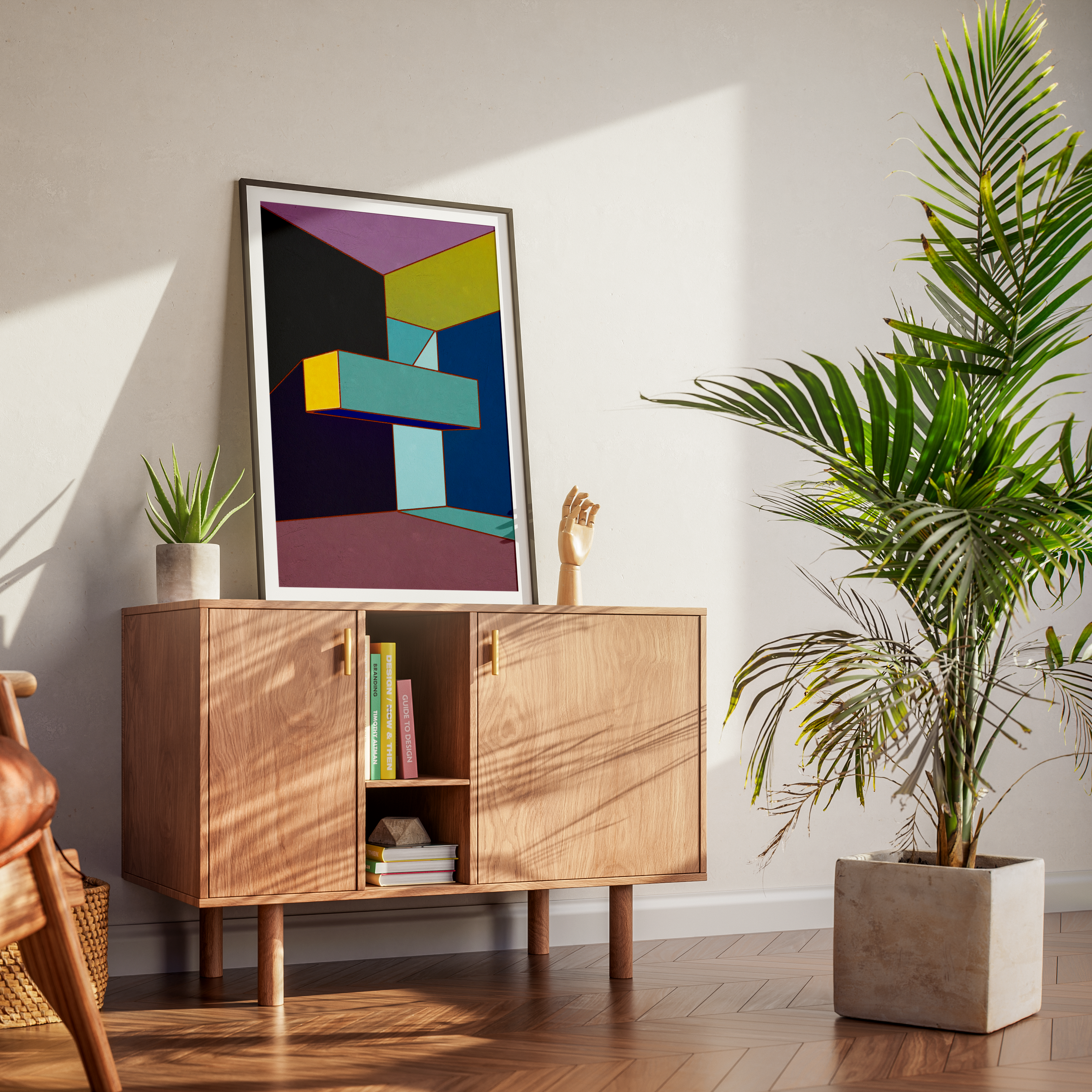 Constructed Fields 07 – abstract geometric colour-field art print displayed in a modern interior setting, styled on a dresser. Minimalist contemporary wall art for home or office decor.