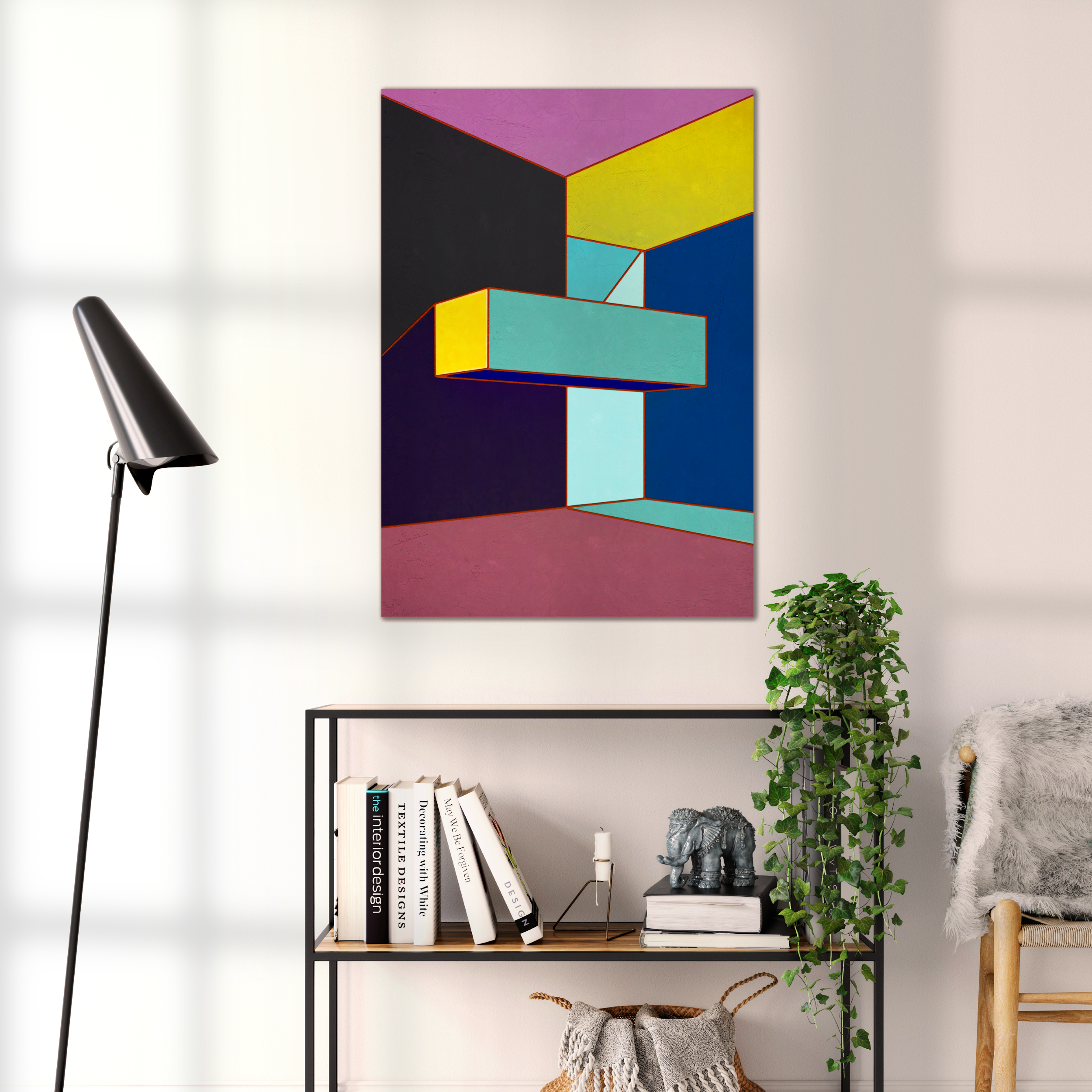 Constructed Fields 07 – geometric abstract art print shown to scale in a contemporary living space. Modern colour-field wall art available in A3, A2, or A1 sizes.