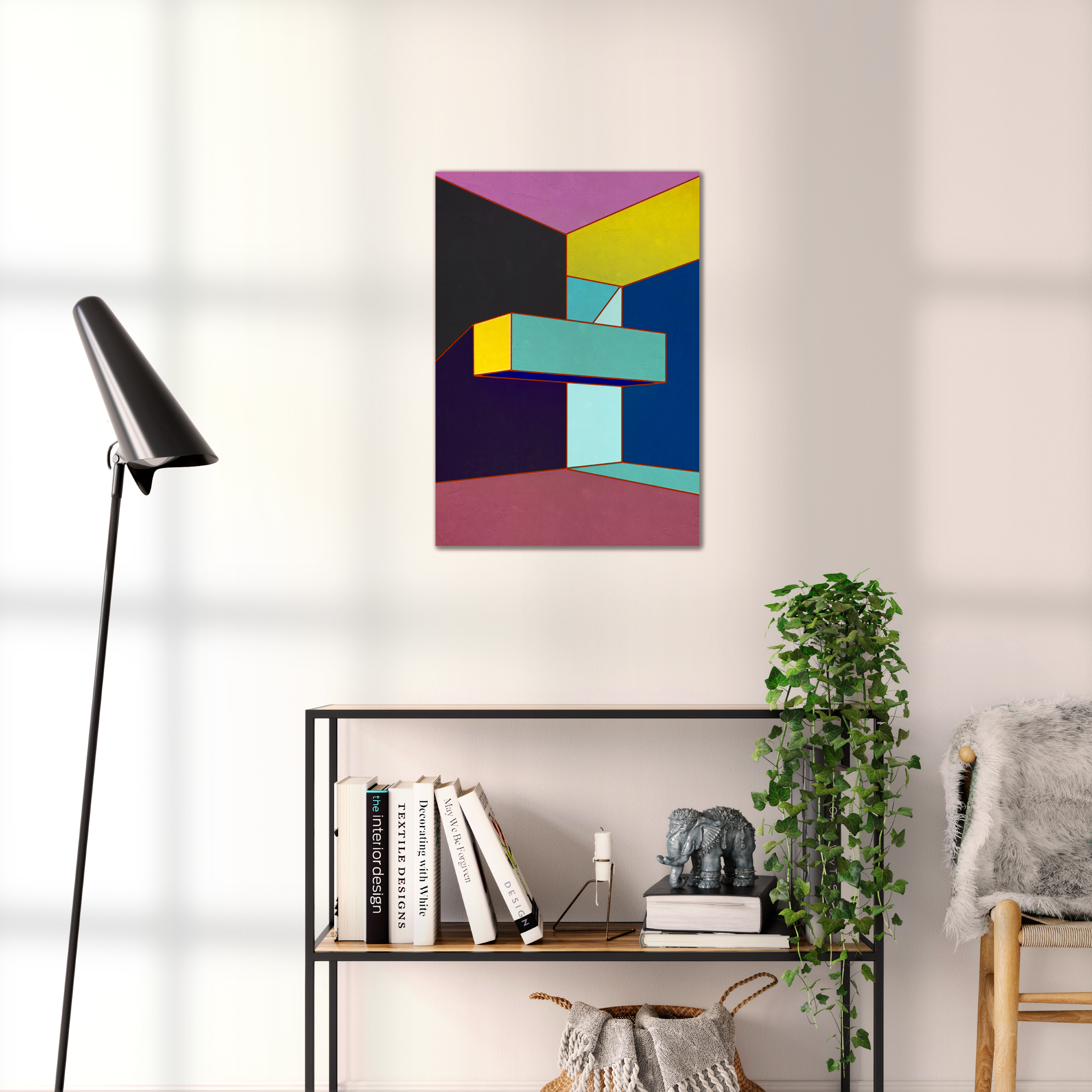 Constructed Fields 07 – geometric abstract art print shown to scale in a contemporary living space. Modern colour-field wall art available in A3, A2, or A1 sizes.
