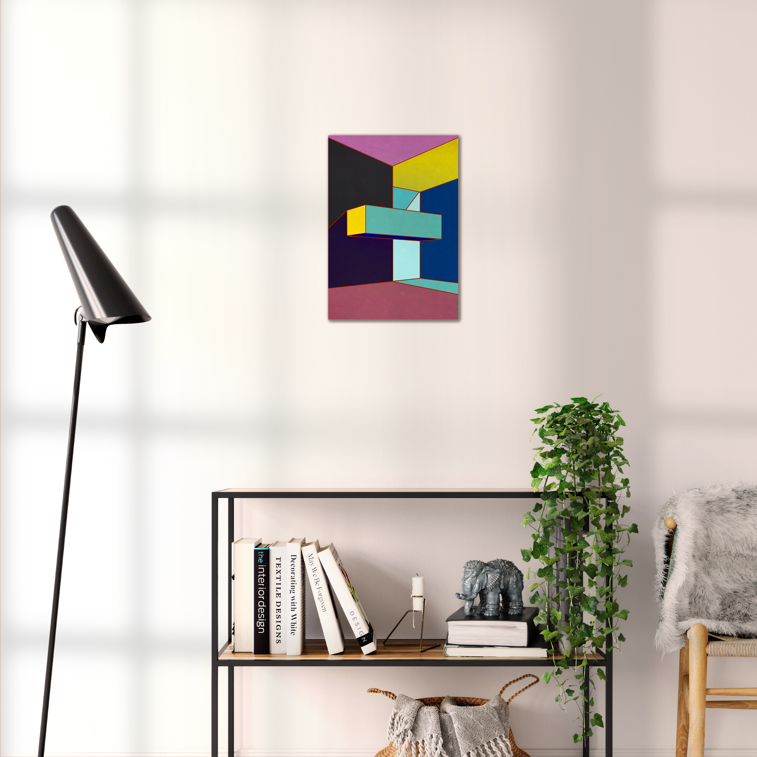 Constructed Fields 07 – geometric abstract art print shown to scale in a contemporary living space. Modern colour-field wall art available in A3, A2, or A1 sizes.