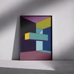Constructed Fields 07 – framed abstract geometric art print in neutral minimalist setting. Modern colour-field wall decor printed with archival pigment inks on Hahnemühle German Etching paper.
