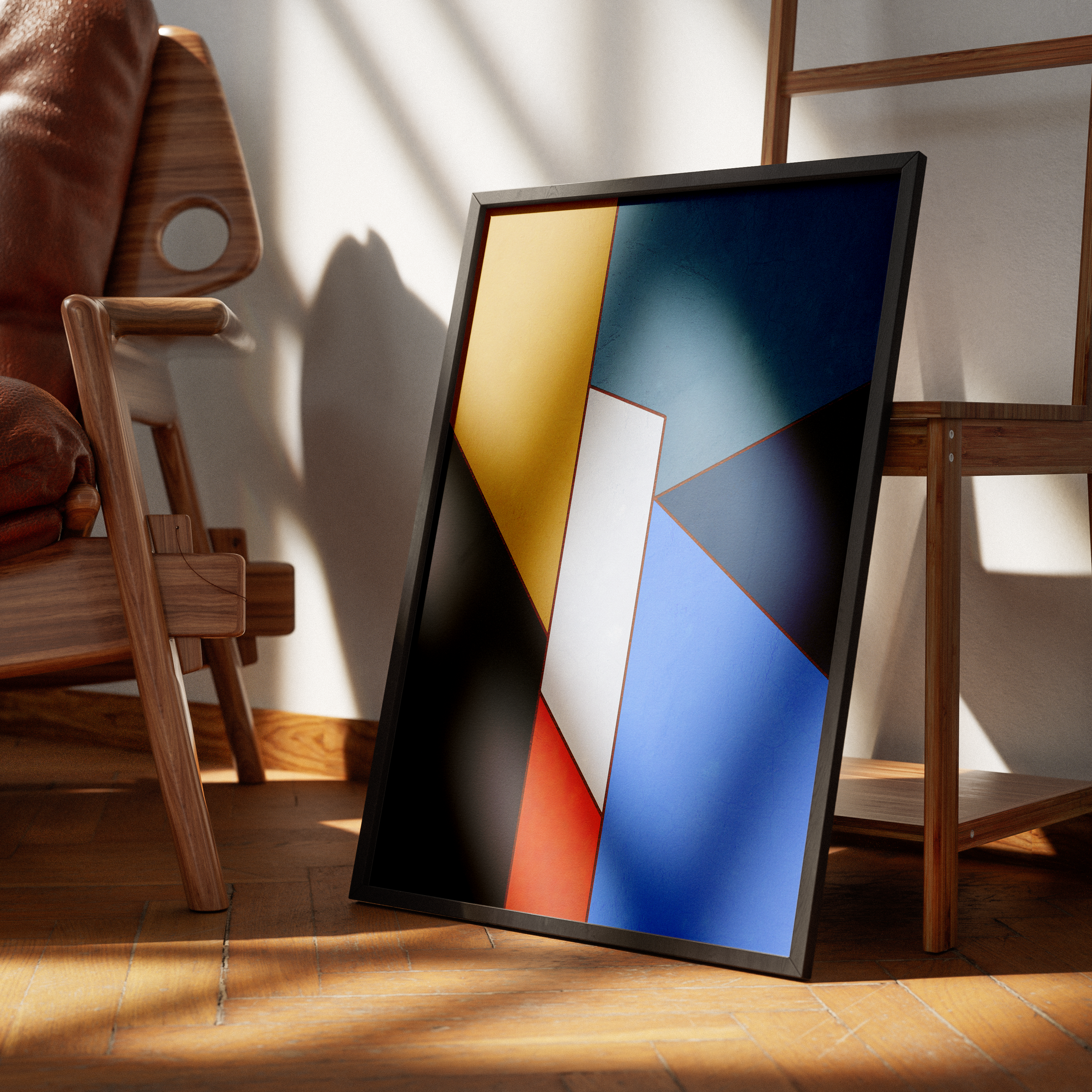 Constructed Fields 08 – abstract geometric colour-field art print displayed in a modern interior setting, styled on a floor. Minimalist contemporary wall art for home or office decor.