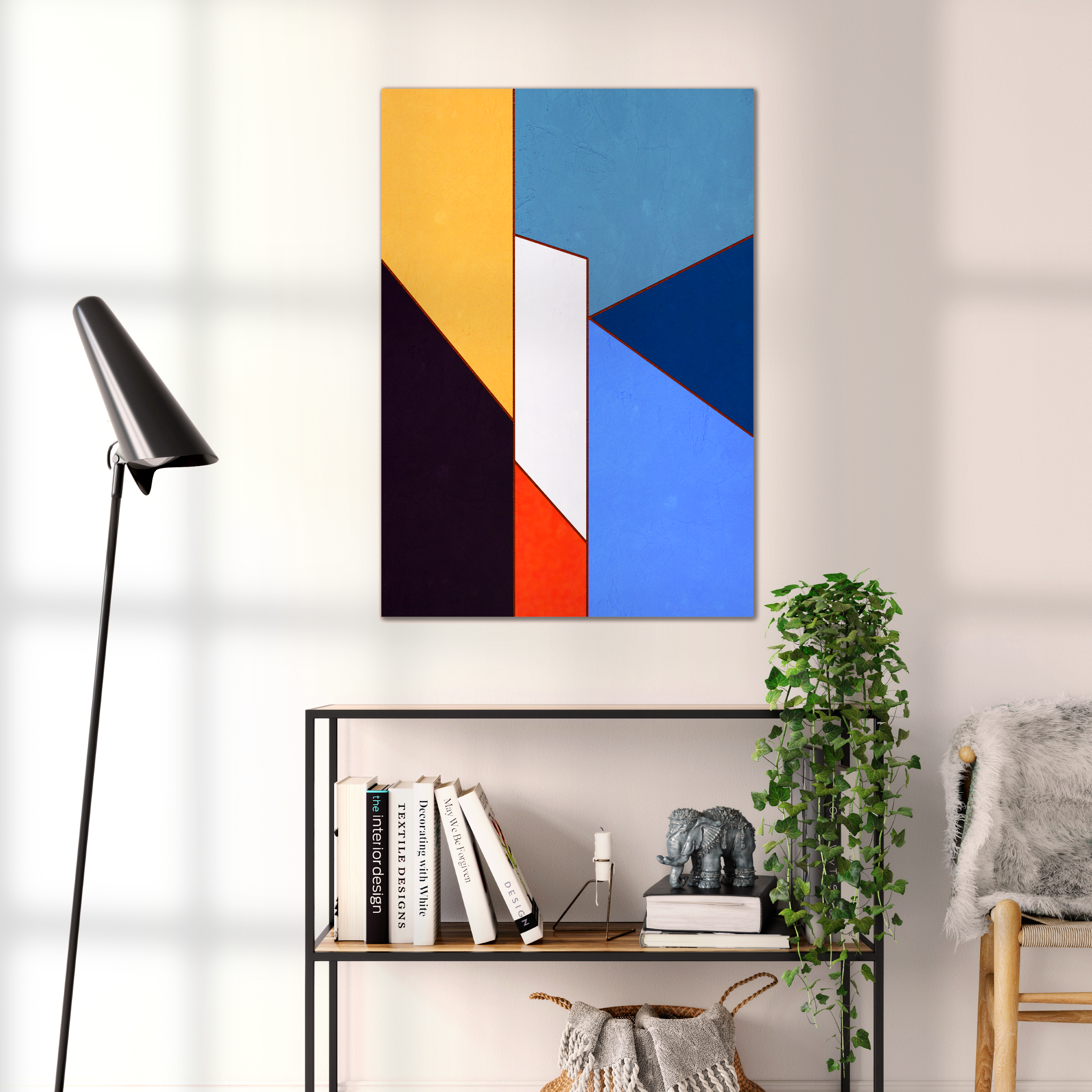 Constructed Fields 08 – geometric abstract art print shown to scale in a contemporary living space. Modern colour-field wall art available in A3, A2, or A1 sizes.