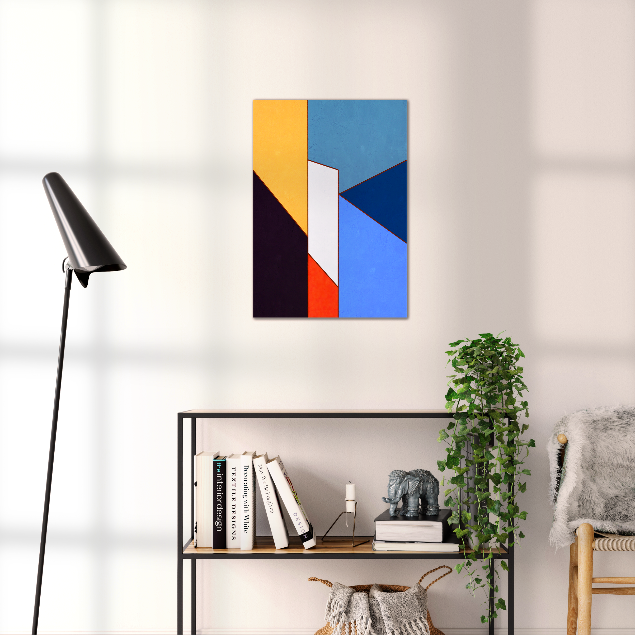 Constructed Fields 08 – geometric abstract art print shown to scale in a contemporary living space. Modern colour-field wall art available in A3, A2, or A1 sizes.