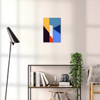 Constructed Fields 08 – geometric abstract art print shown to scale in a contemporary living space. Modern colour-field wall art available in A3, A2, or A1 sizes.