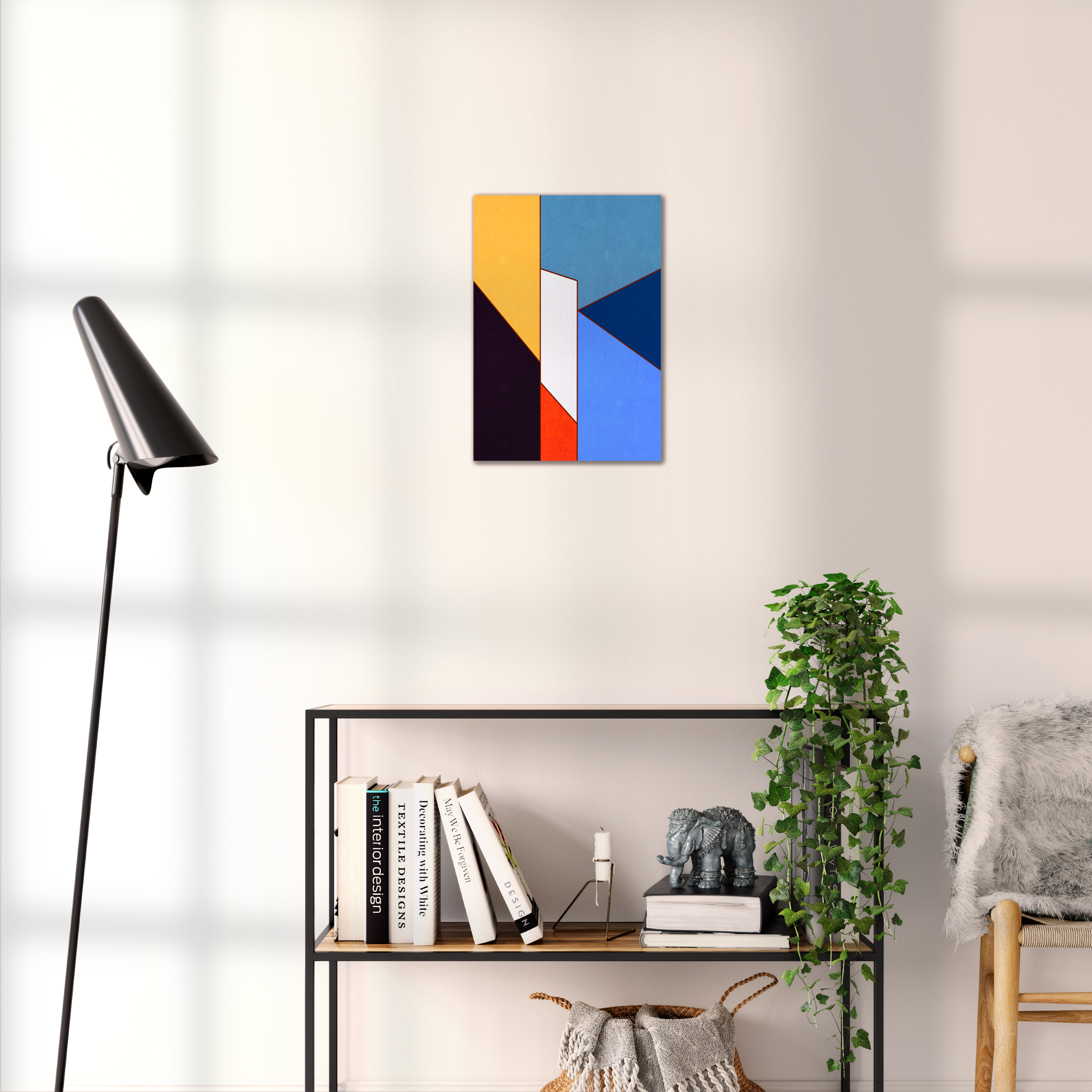 Constructed Fields 08 – geometric abstract art print shown to scale in a contemporary living space. Modern colour-field wall art available in A3, A2, or A1 sizes.