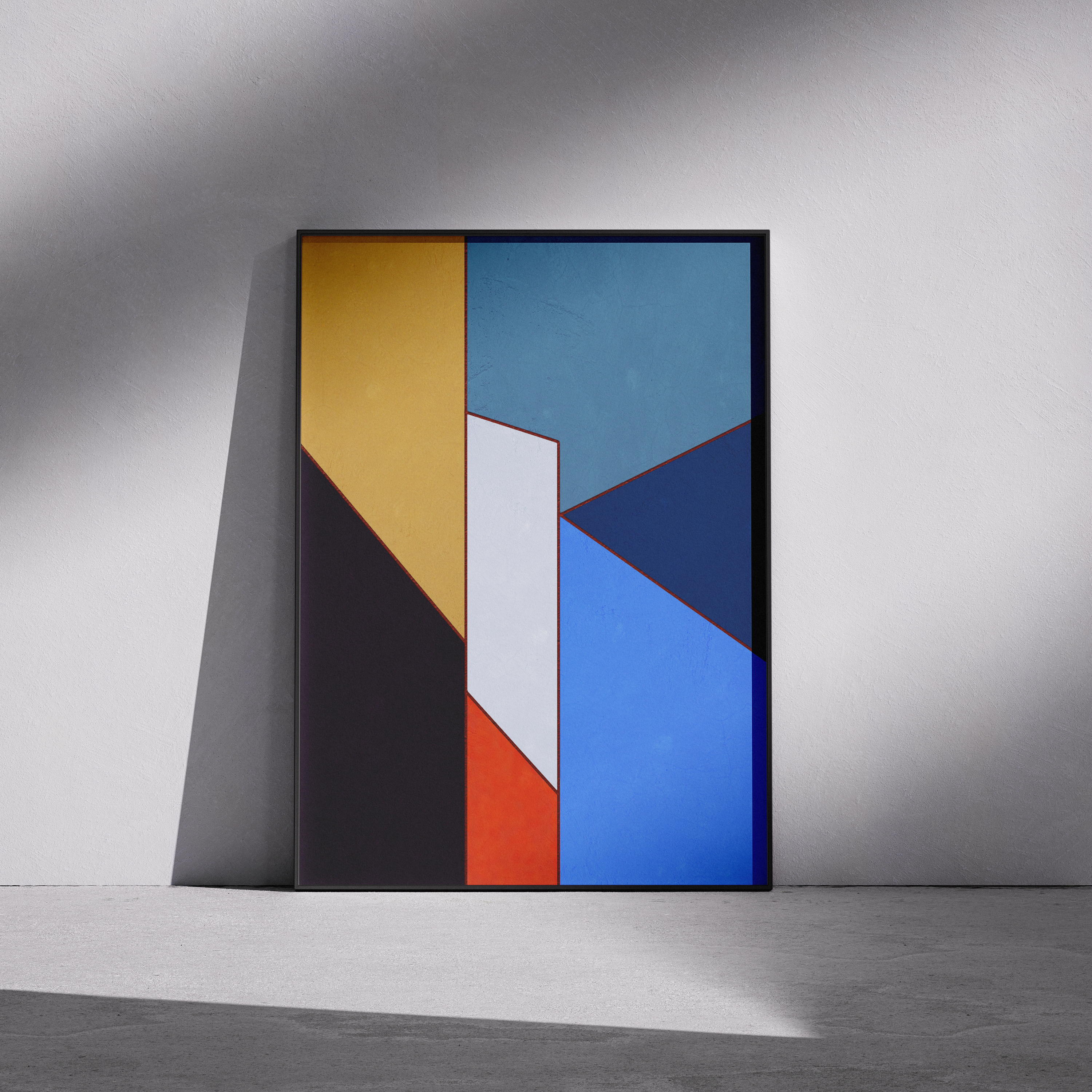 Constructed Fields 08 – framed abstract geometric art print in neutral minimalist setting. Modern colour-field wall decor printed with archival pigment inks on Hahnemühle German Etching paper.