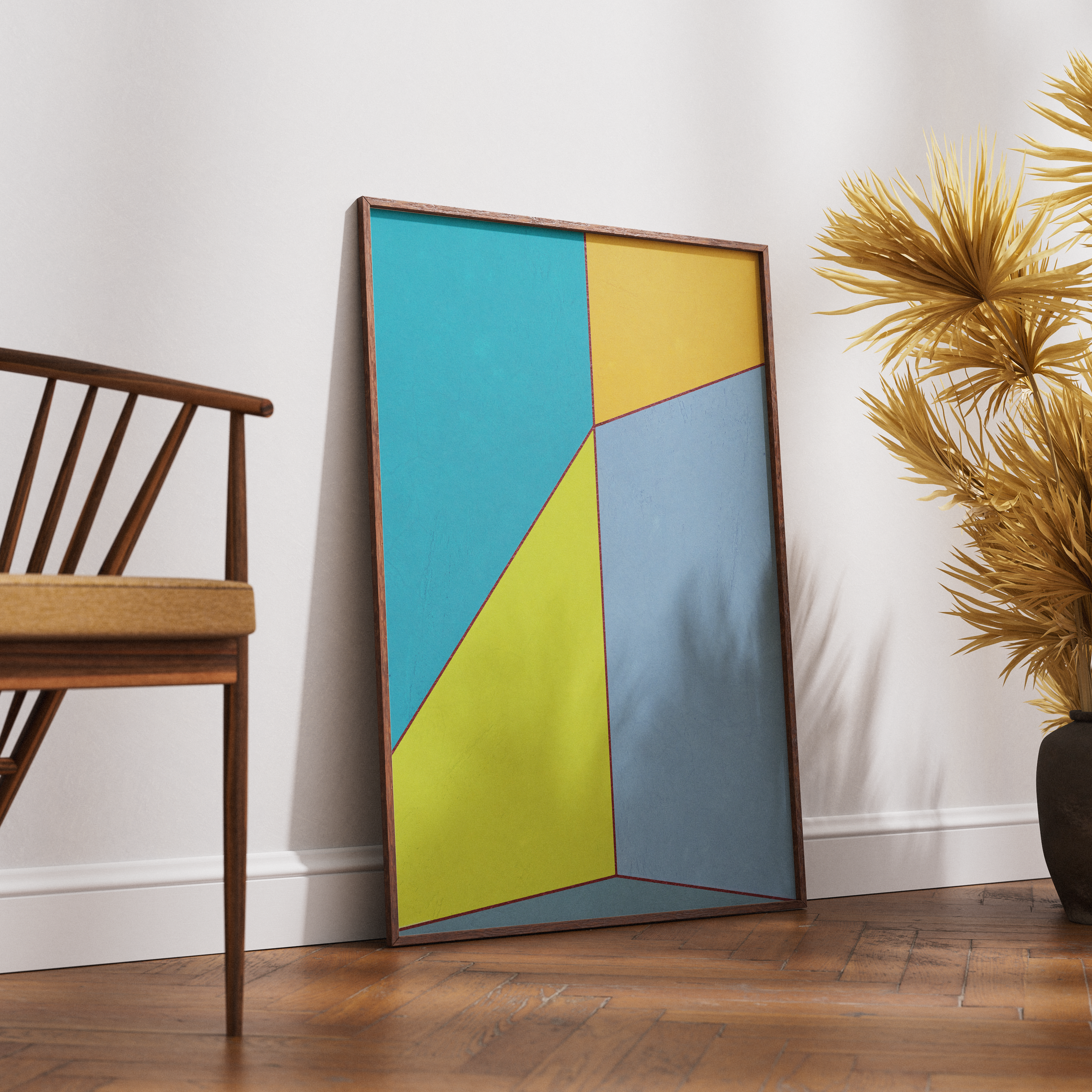 Constructed Fields 09 – abstract geometric colour-field art print displayed in a modern interior setting, styled on a floor. Minimalist contemporary wall art for home or office decor.