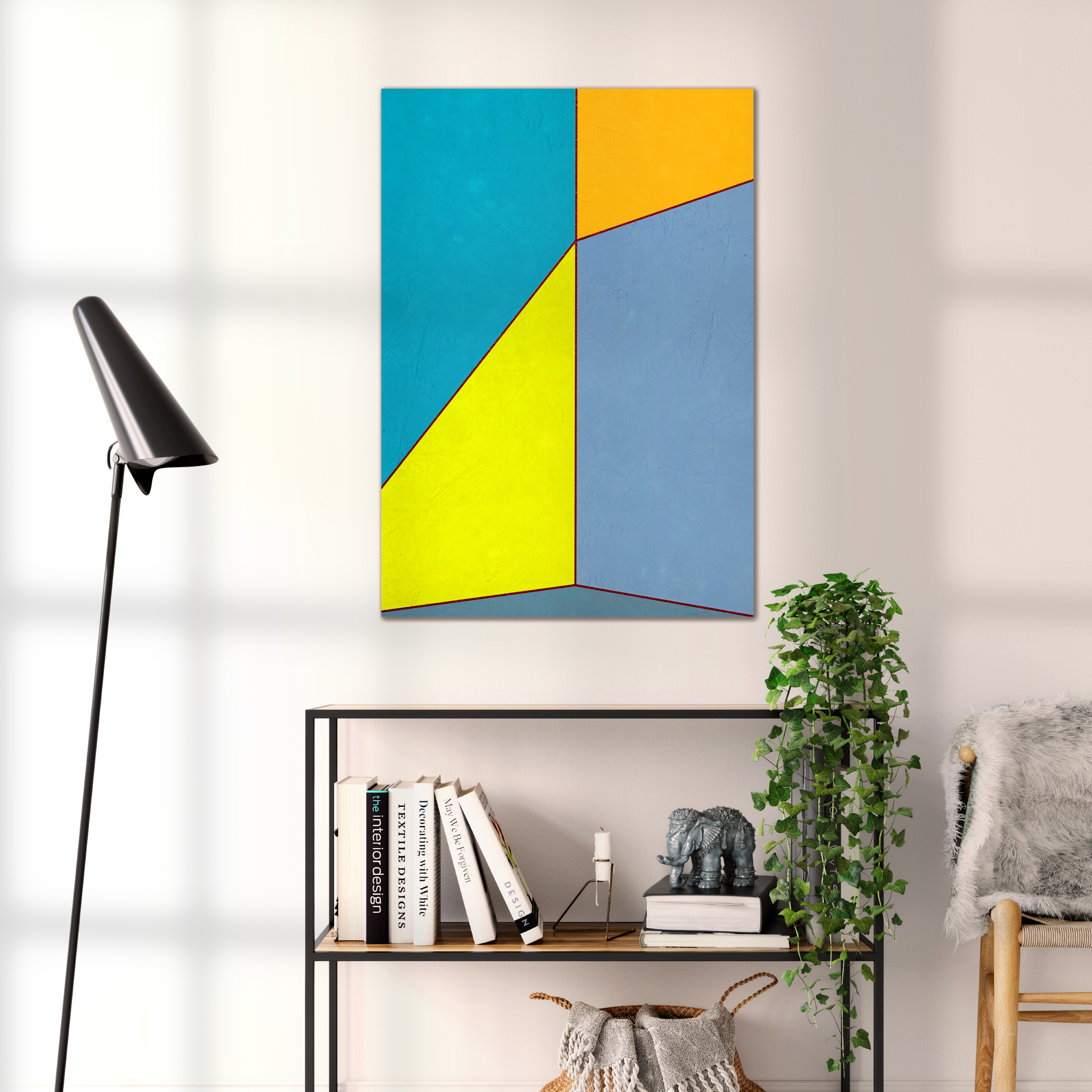 Constructed Fields 09 – geometric abstract art print shown to scale in a contemporary living space. Modern colour-field wall art available in A3, A2, or A1 sizes.