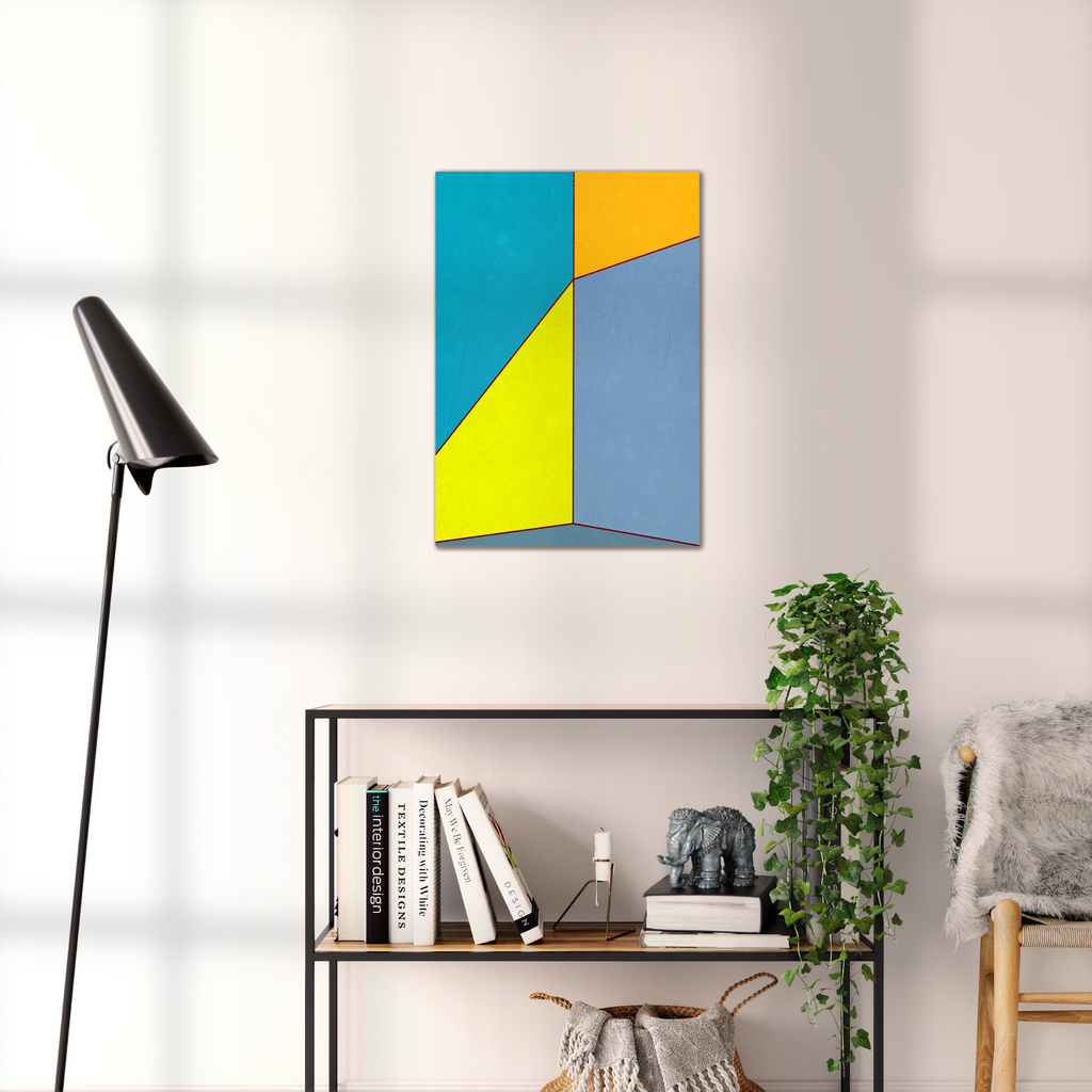 Constructed Fields 09 – geometric abstract art print shown to scale in a contemporary living space. Modern colour-field wall art available in A3, A2, or A1 sizes.