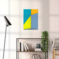 Constructed Fields 09 – geometric abstract art print shown to scale in a contemporary living space. Modern colour-field wall art available in A3, A2, or A1 sizes.