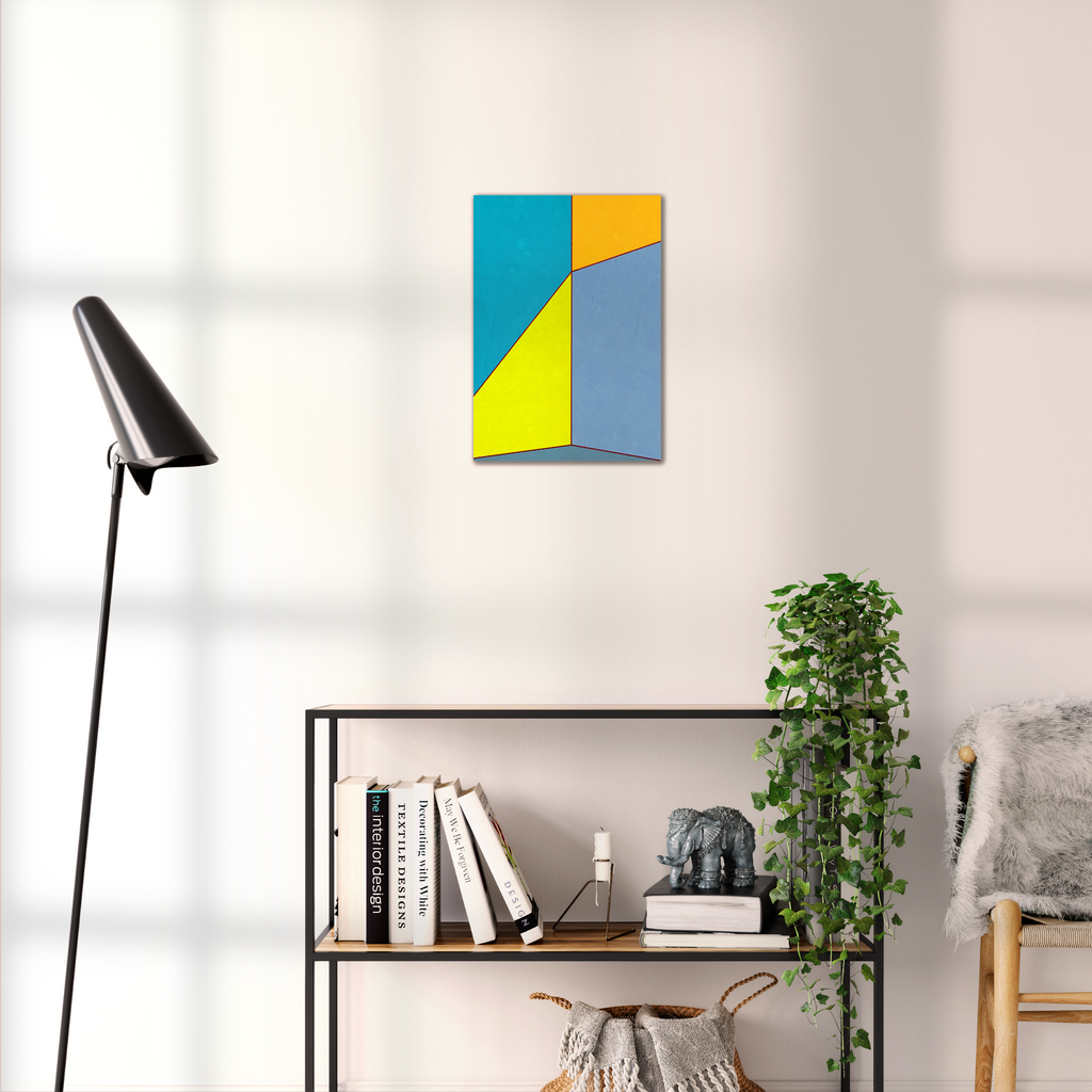 Constructed Fields 09 – geometric abstract art print shown to scale in a contemporary living space. Modern colour-field wall art available in A3, A2, or A1 sizes.