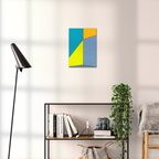 Constructed Fields 09 – geometric abstract art print shown to scale in a contemporary living space. Modern colour-field wall art available in A3, A2, or A1 sizes.