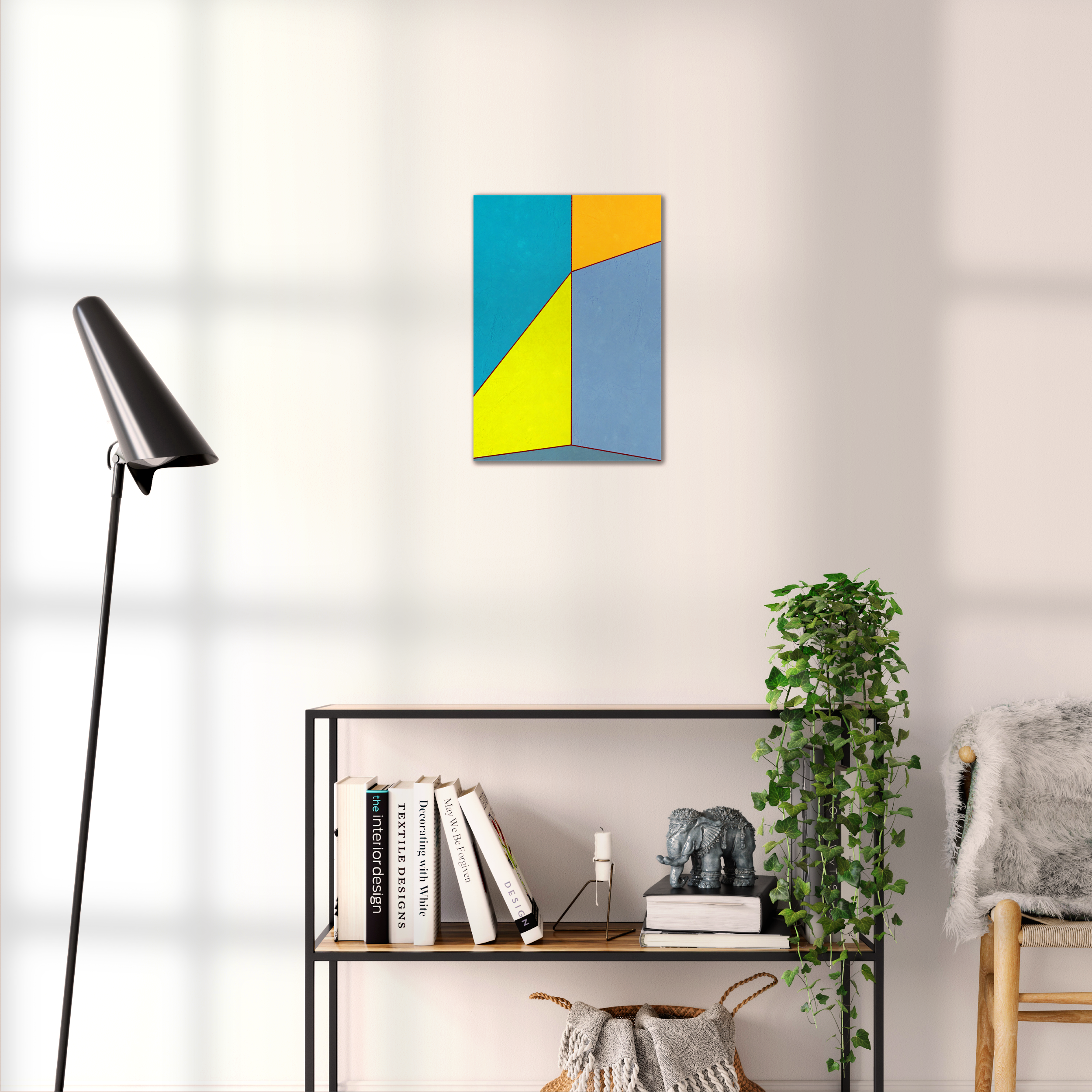 Constructed Fields 09 – geometric abstract art print shown to scale in a contemporary living space. Modern colour-field wall art available in A3, A2, or A1 sizes.