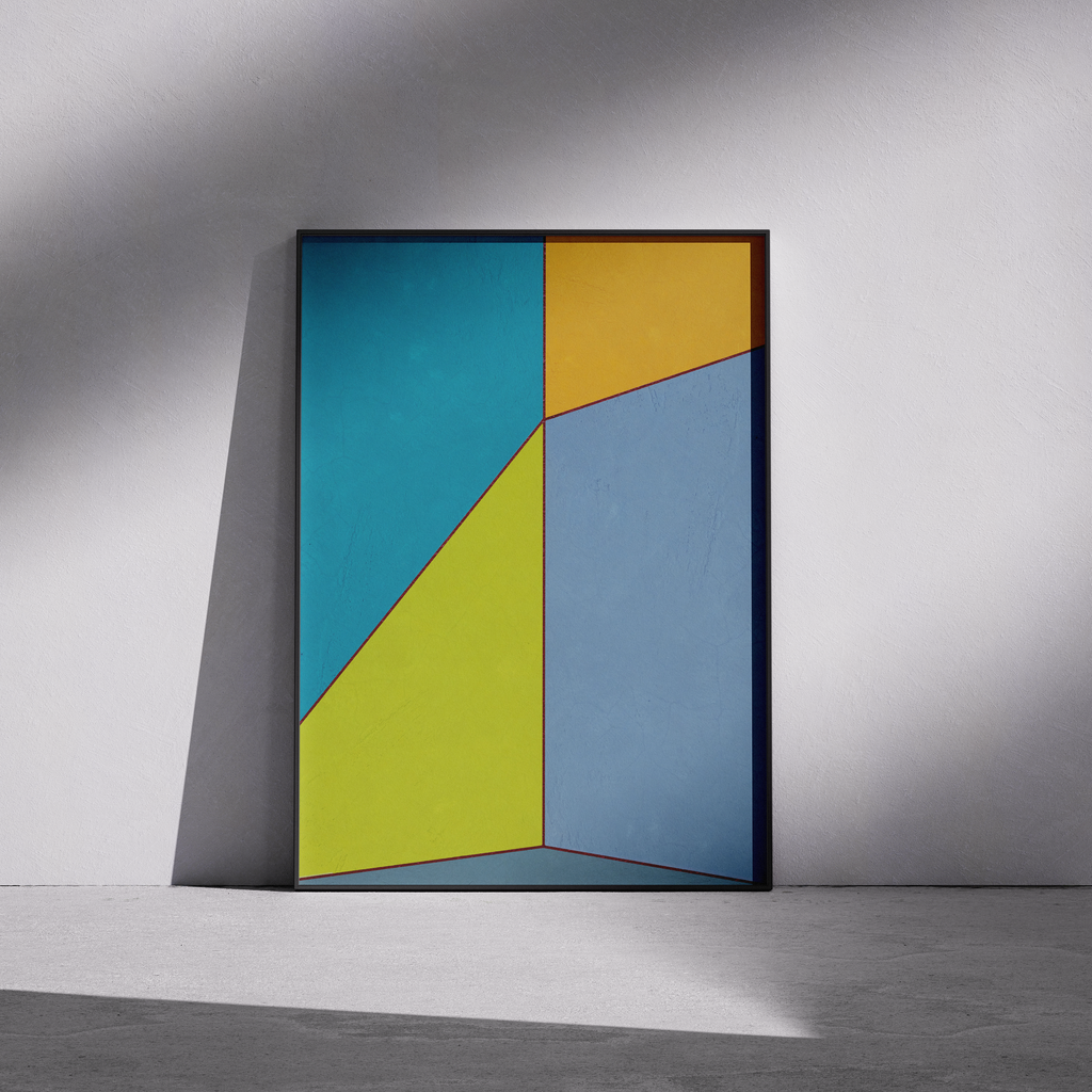 Constructed Fields 09 – framed abstract geometric art print in neutral minimalist setting. Modern colour-field wall decor printed with archival pigment inks on Hahnemühle German Etching paper.