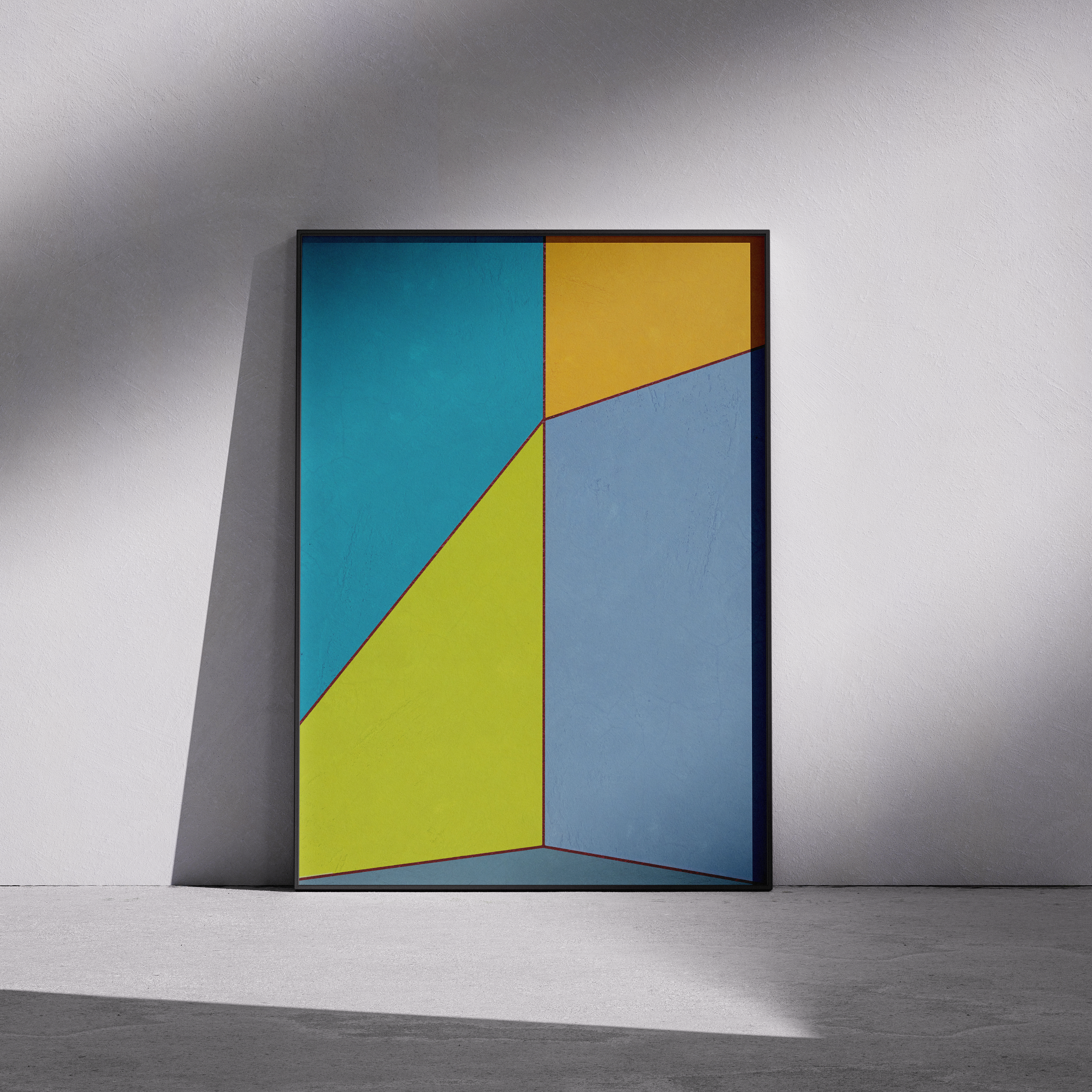 Constructed Fields 09 – framed abstract geometric art print in neutral minimalist setting. Modern colour-field wall decor printed with archival pigment inks on Hahnemühle German Etching paper.