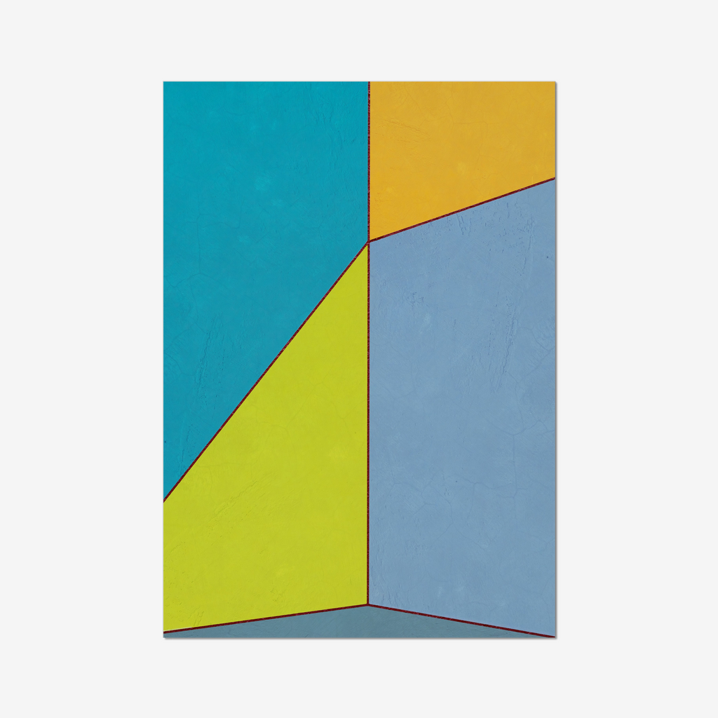 Constructed Fields 09 – abstract geometric colour-field composition featuring structured shapes and balanced colour fields on white background. Fine art giclée print available in multiple sizes.